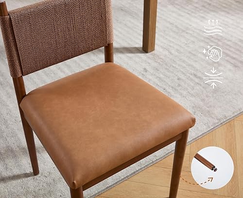 Miniatura 6 de EALSON Juego de 2 sillas de comedor de ratán tapizadas de cuero con patas de madera de nogal y respaldo tejido, sillas de cocina modernas de