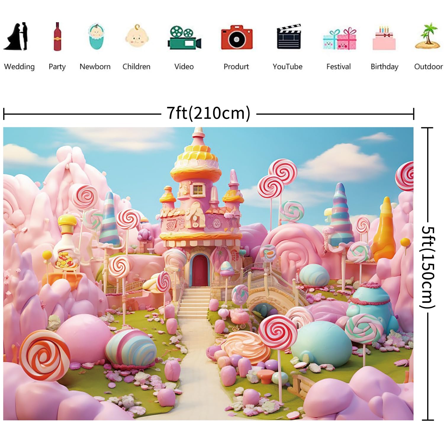 2.1x1.5m Sfondo Candyland fantasia dolce castello di caramelle lecca-lecca fotografia sfondo ragazze compleanno Candyland tema partito decorazioni Banner Photo Booth Props