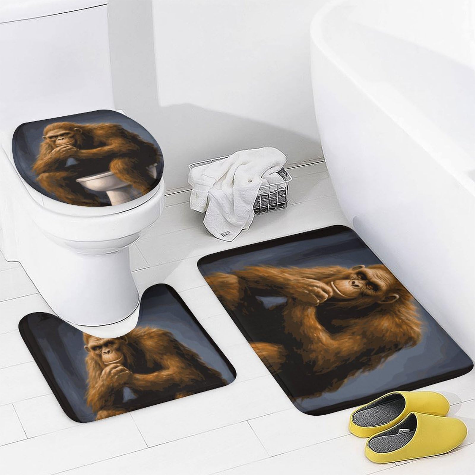 TEERMLLQWA 4-teiliges Badezimmer-Set Mit Duschvorhang & Teppichen – Lustiges Bigfoot-Design
