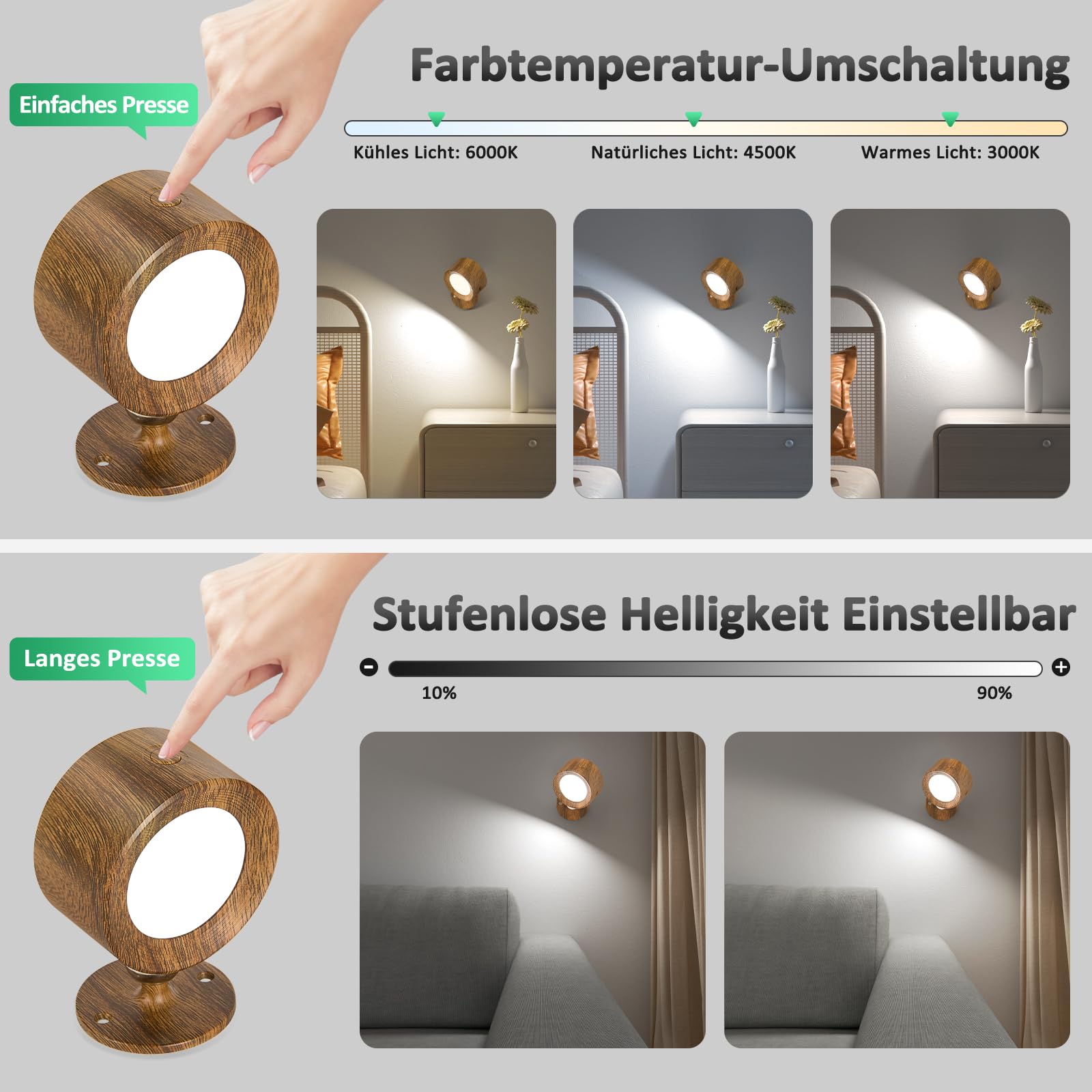 LED Wandleuchte Kabellos, 2 Stück Akku Wandlampe ohne Bohren Aufladbare Lampen, 3 Farbmodi Dimmbar Wandlicht Nachttischlampe mit Fernbedienung, 360° Indirekte Strahler für Kinderzimmer Schlafzimmer