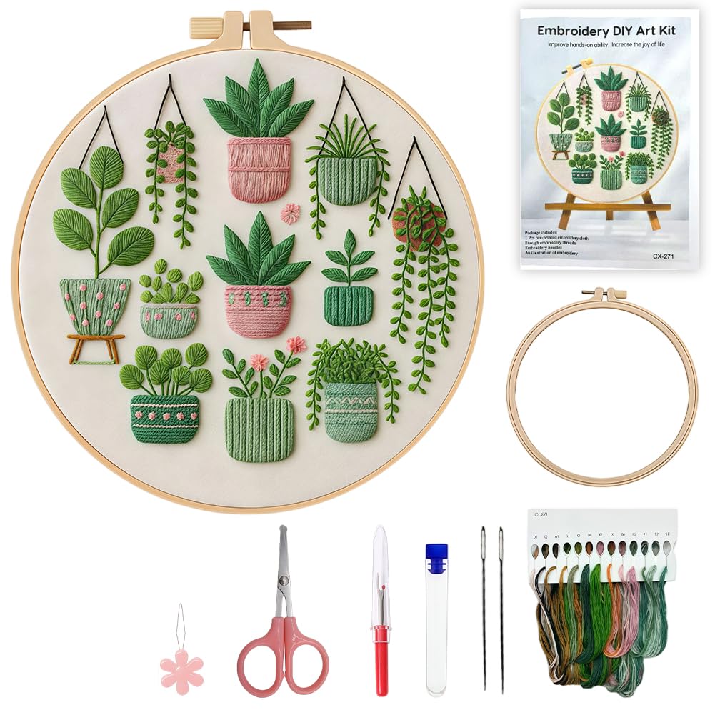 Wfkkmeq Women's Green Plant Embroidery Kit, Plant Cross Stitch Kits With Embroidery Hoops Needle Thread Punch Needle Kit Embroideries Kits For Beginner Adult Gift For Girls