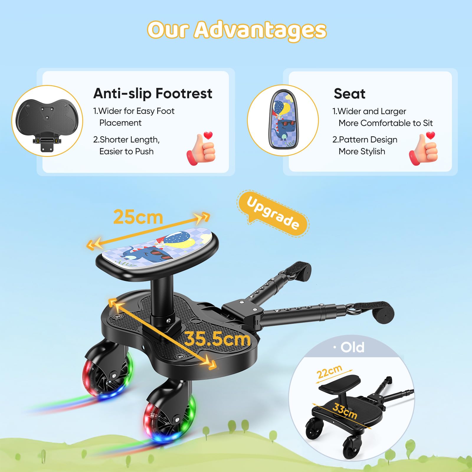 Buggy Board mit LED-Rädern, Trittbrett für Kinderwagen Universal mit Dinositz Sitz, Kiddy Board für Kinder von 2 bis 6 Jahren, Kompatibel mit 99% Aller Kinderwagen, Bearing 25KG