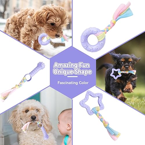 Miniatura 5 de Petcare Paquete de 6 juguetes de dentición para cachorros, lindos juguetes morados morados para cachorros de 0 a 6 meses, cuerda de goma suave,