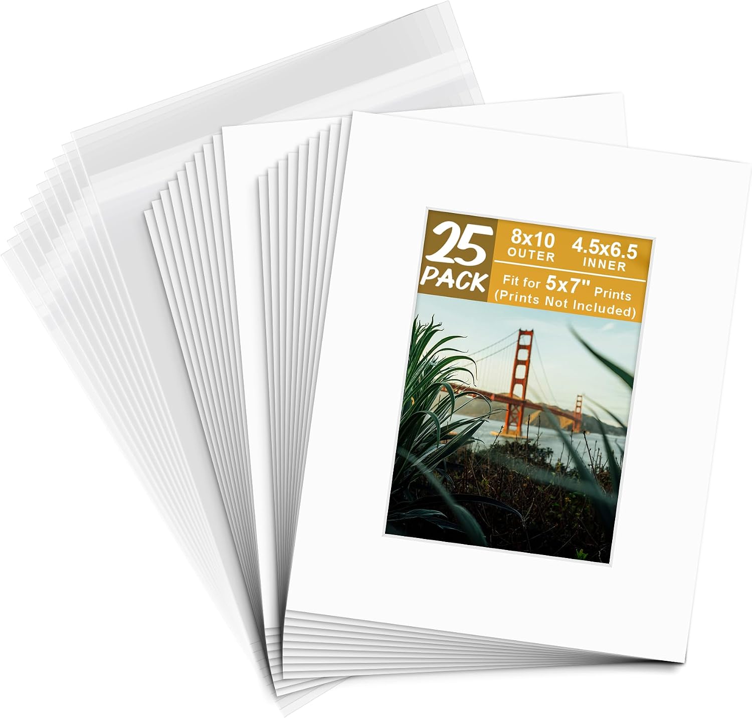 Golden State Art, 8x10 White Picture Mats with White Core Bevel Cut for 5x7 Pictures (Pack of 25 Mats + Backing +Bags)