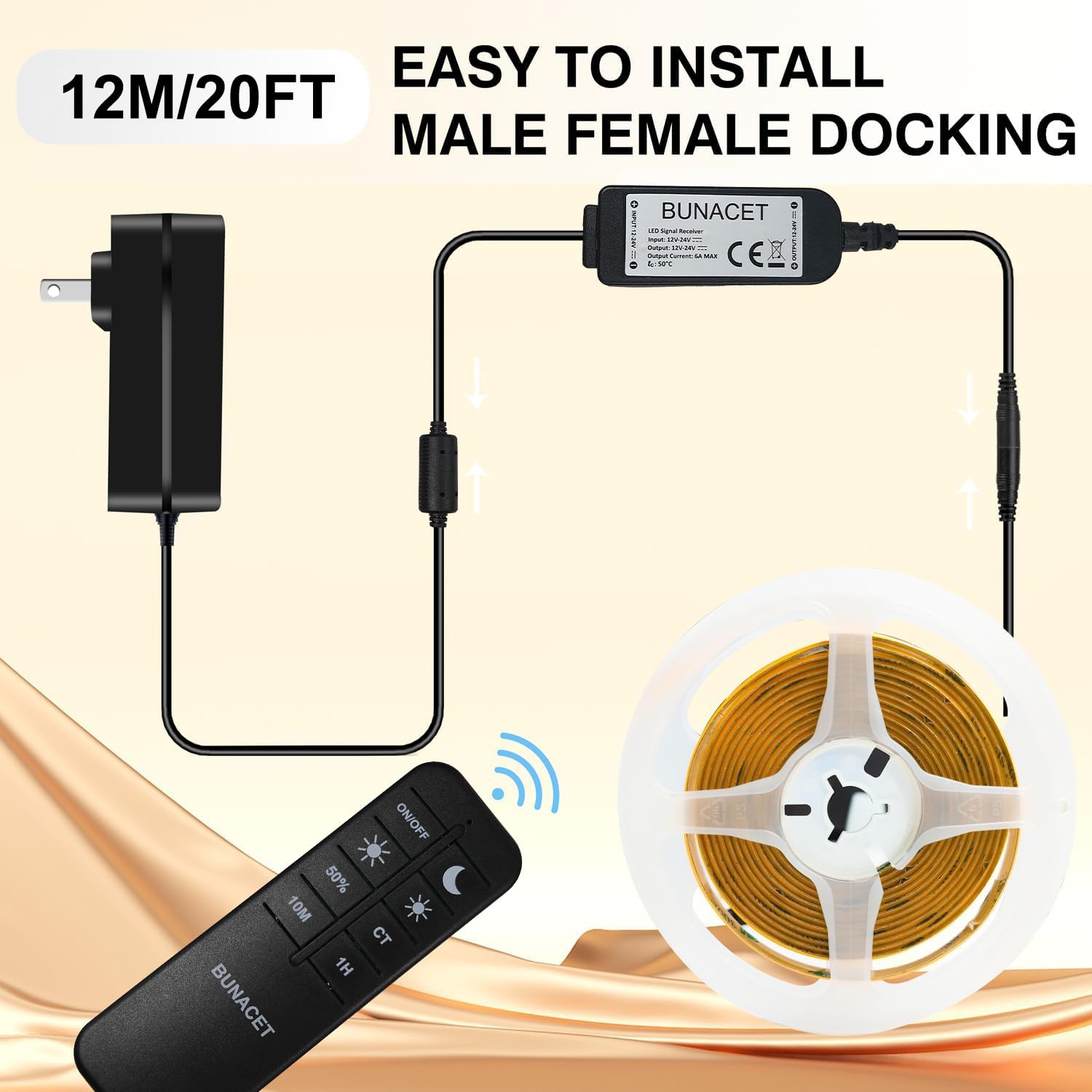 COB LED Streifen 12M Warmweiß 3000K Dimmbar 24V CRI92+ LED Strip 8mm mit Fernbedienung & Netzteil