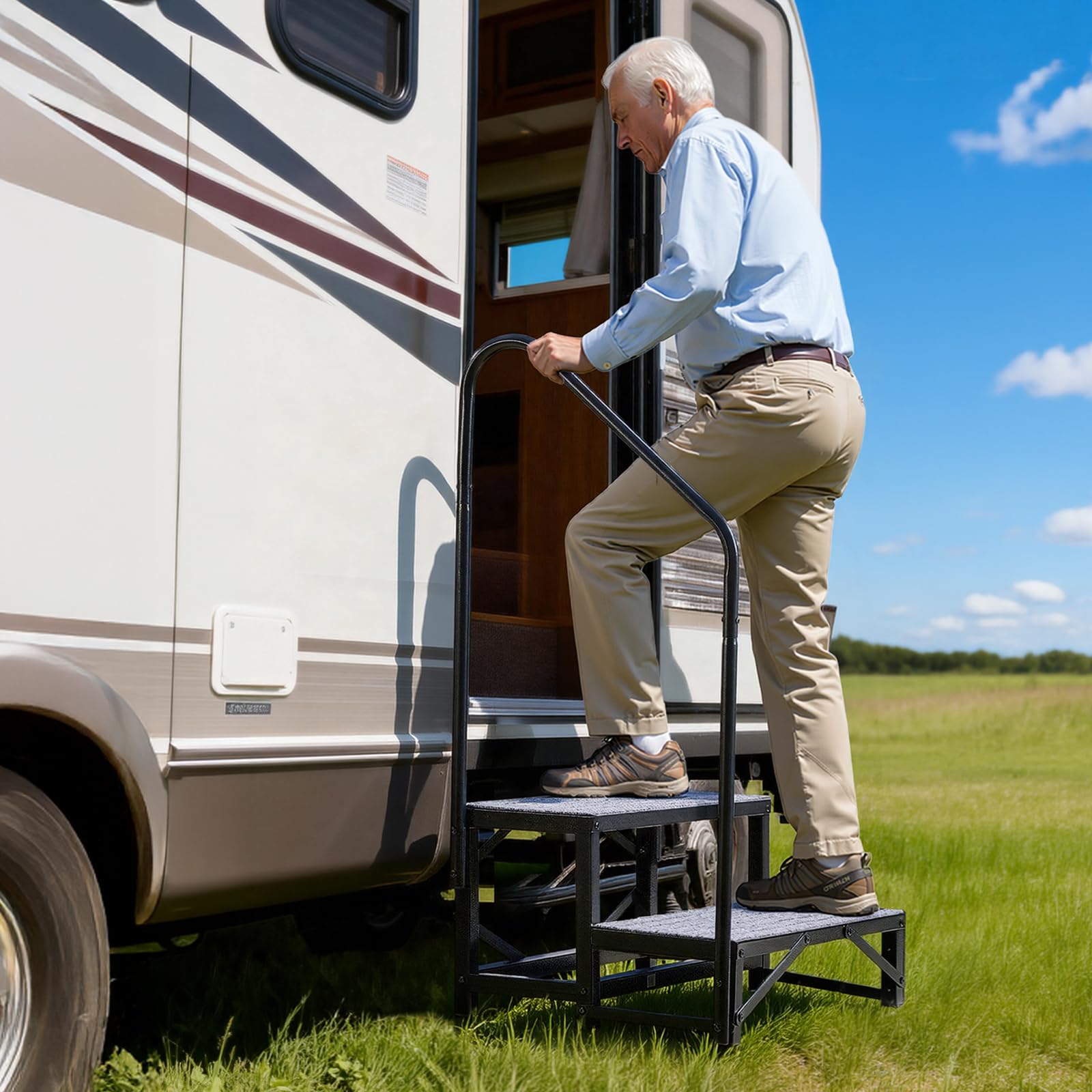 VEVOR Escalier Mobile à 2 Marches, Marchepied avec Rampe pour Caravane avec Patins Antidérapants, Capacité 300 kg, pour Personnes Âgées, Animaux Domestiques, Portable pour Camping-Car, Piscine, Spa