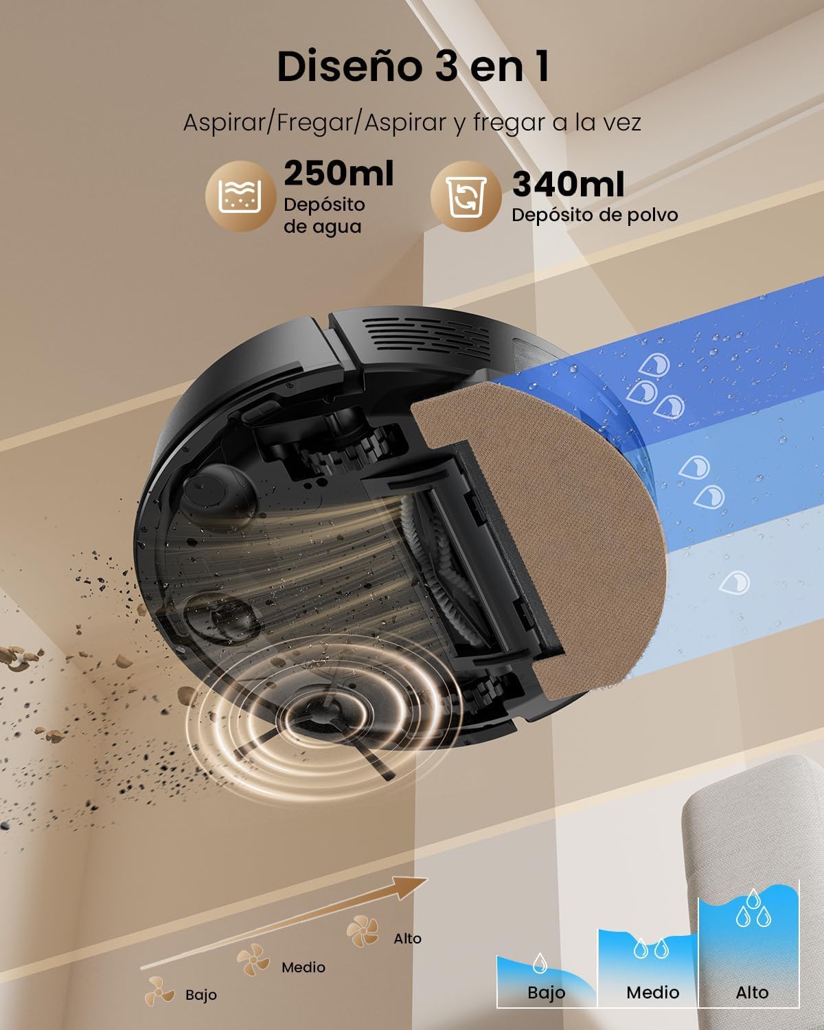Proscenic Q8 MAX+ Robot Aspirador y Fregasuelos Potente 8000Pa/200 Min, con Navegación LDS y Auto-Evasión de Obstáculos, 3L Base de Autovaciado, por App/Remoto/Voz, Moqueta/Pelo de Mascotas/Suelos