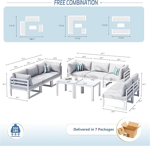 Miniatura 223 de NICESOUL 7 Piece White Powder-Coated Aluminum Patio Furniture with Fire Pit Table, 29 Inch Extra Wide Outdoor Sectional Sofa for 6, High-End Heavy