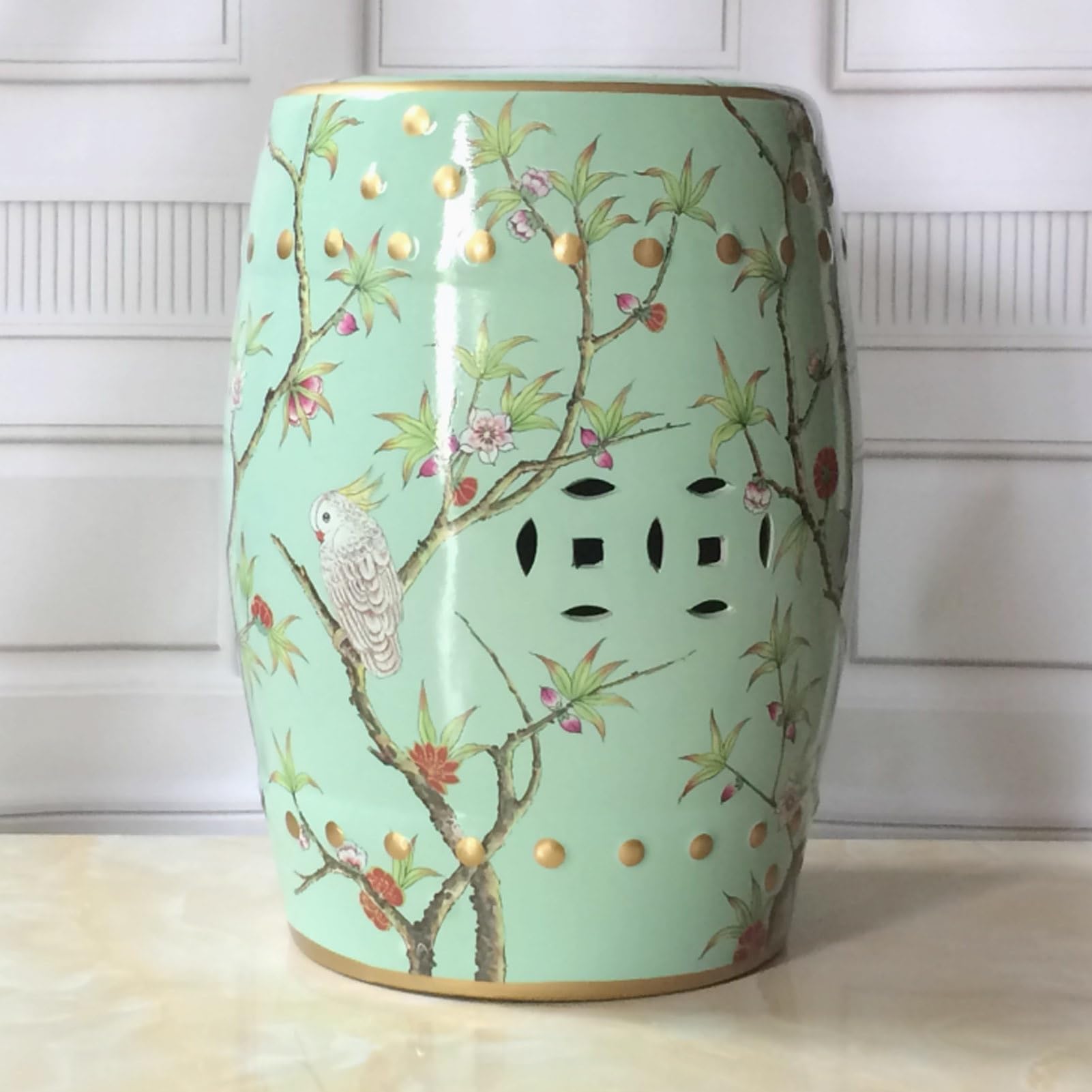 Ceramica Cinese Sgabello, Sgabello da Giardino in Ceramica, Sgabello da Giardino a Tamburo in Ceramica, Sgabello da Giardino Decorativo Smaltato, Design di Fiori E Uccelli(Green A)