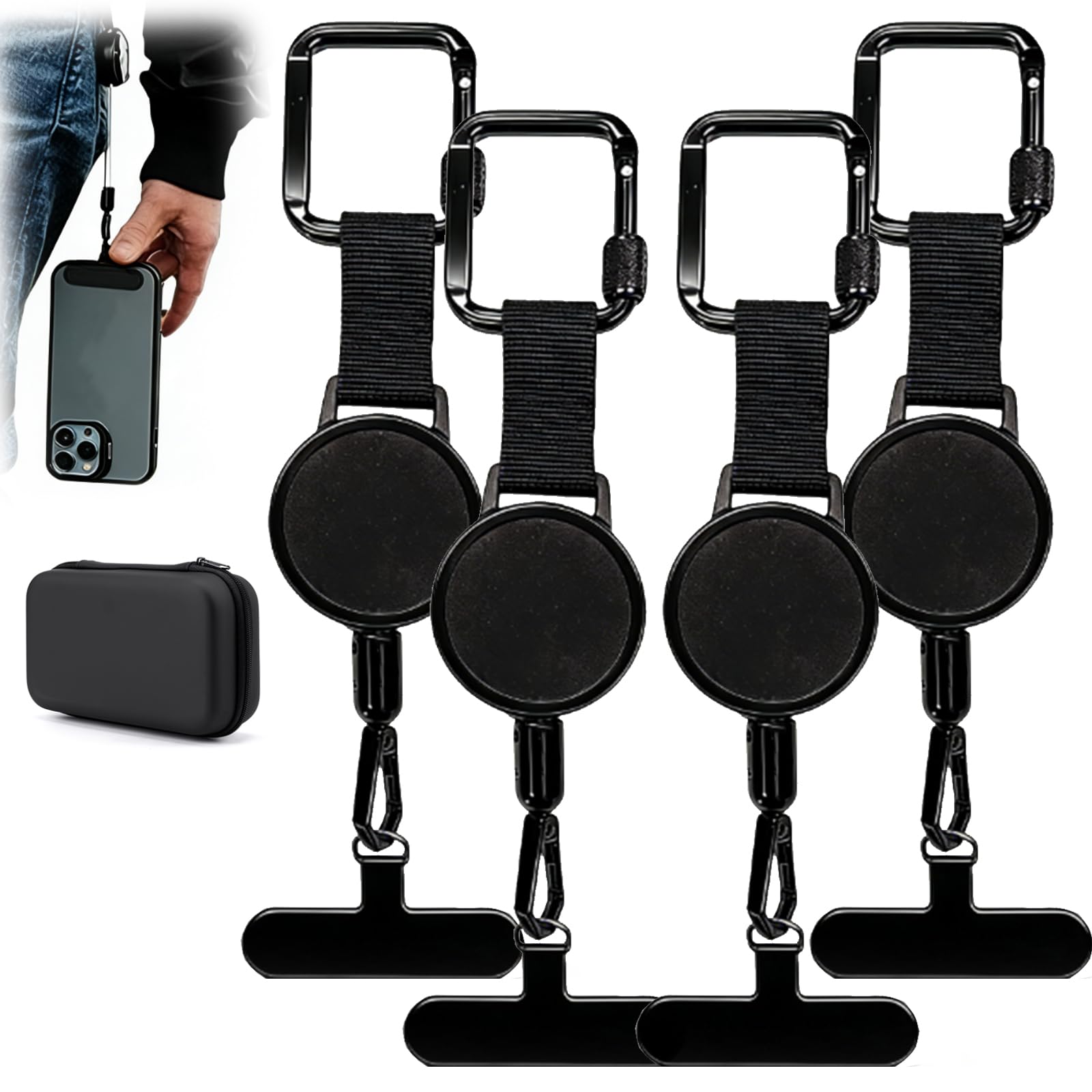 fjaldjfu 2026 New Outdoor Anti-Theft Retractable Phone Lanyard, Anti-Theft Phone Tether Lanyard, With Locking Carabiner And Metal 360° Tether Tab For Outdoor Hiking Climbing Fishing, Black (4PCS)