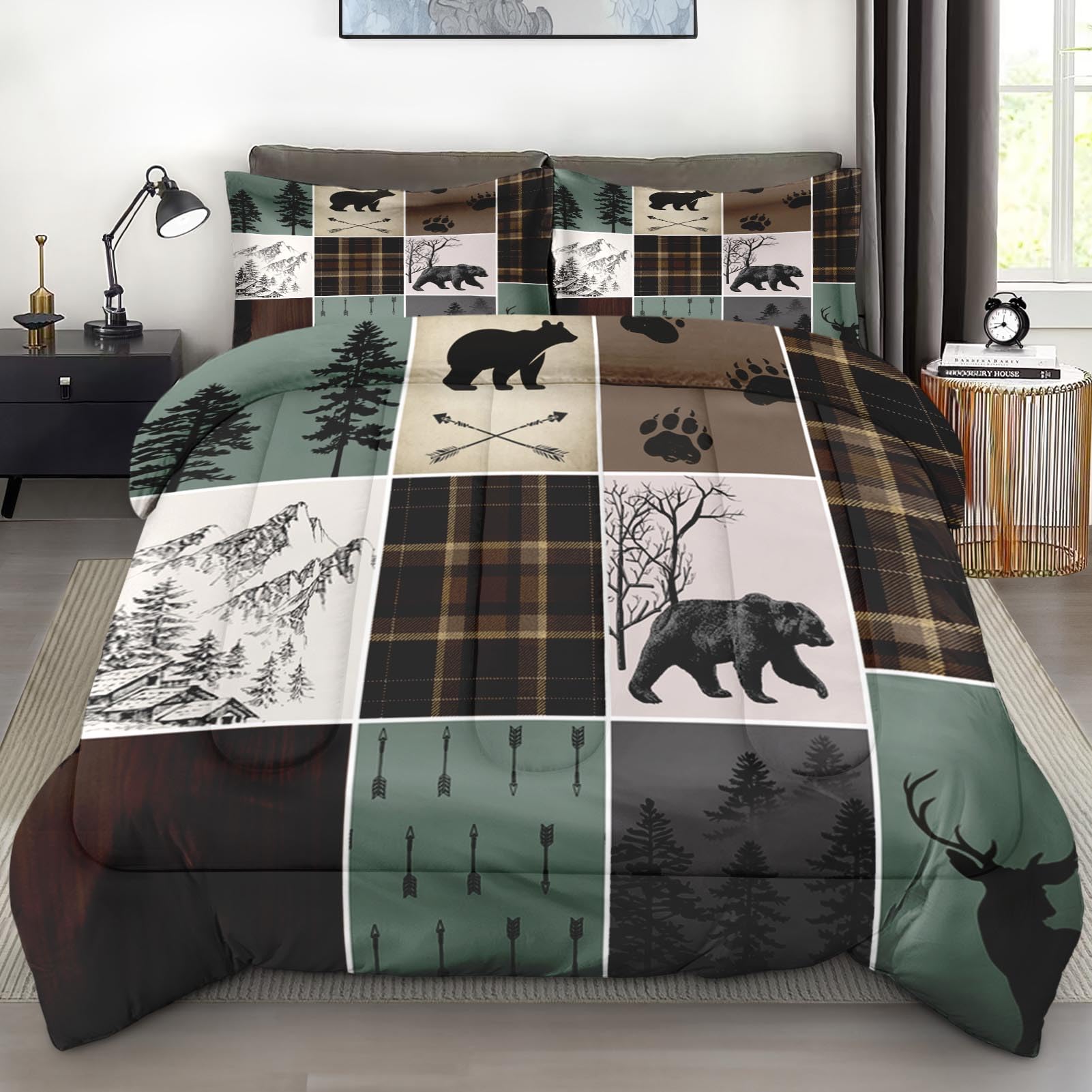 Pamnest Comforter Set Twin Size, Hunting Wildlife Deer Bear Soft 2 Pcs Bedding for Kids and Adults Vintage Winter Animal Plaid Comforter Set with
