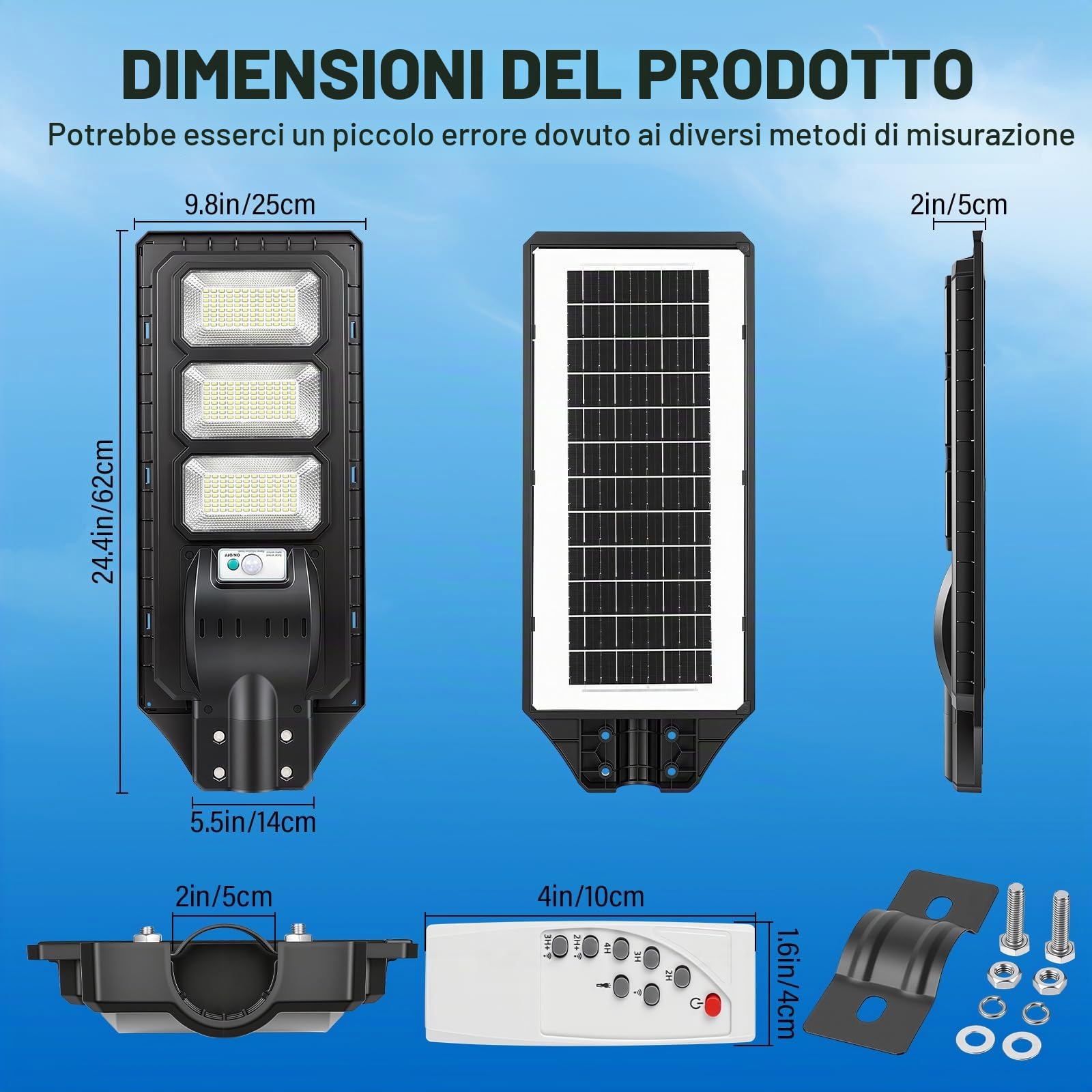 288 LED Lampioni solari esterno Accensione crepuscolare bianca 6000K | Sensore movimento radar, telecomando, illuminazione temporizzata, palo non incluso, IP66, per giardino e parcheggio