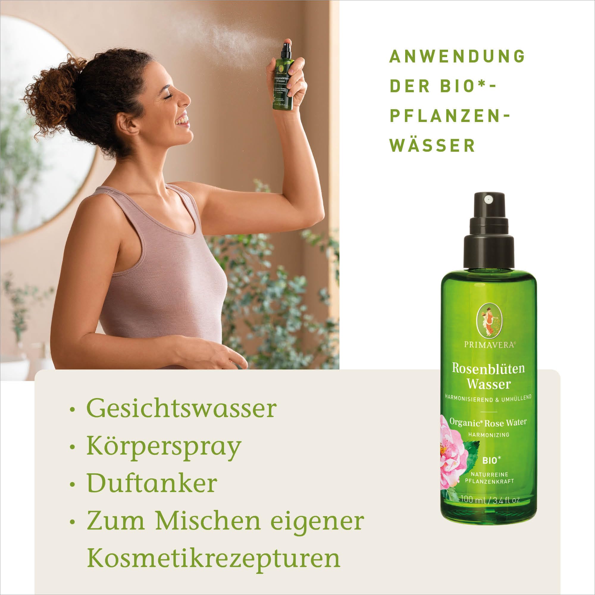 PRIMAVERA Pflanzenwasser Rosenblütenwasser bio* 2 x 100 ml – naturreine Pflanzenkraft – Glasflasche – Hydrolat, Körperspray, Aromatherapie – harmonisierend, entspannend, ausgleichend – vegan