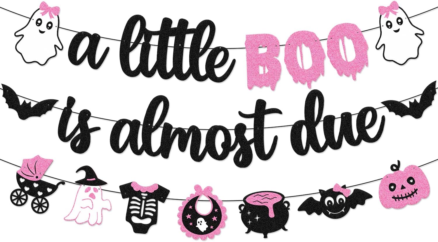 A Little Boo is Almost Due Banner Girl Halloween Baby Shower Banner Glitter Pink Ghost Bats Theme Gender Reveal Decorations Halloween Baby Shower Party Supplies