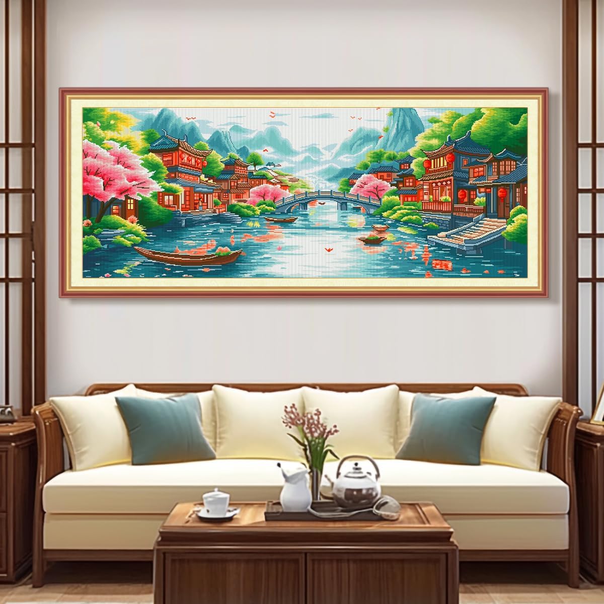 Zhenqing Oriental River Landscape Cross Stitch Kit – 11CT 148x60cm Large Aida Cloth, Cherry Blossom & Ancient Town Design – Chinese Jiangnan Scenery Wall Art(67758)