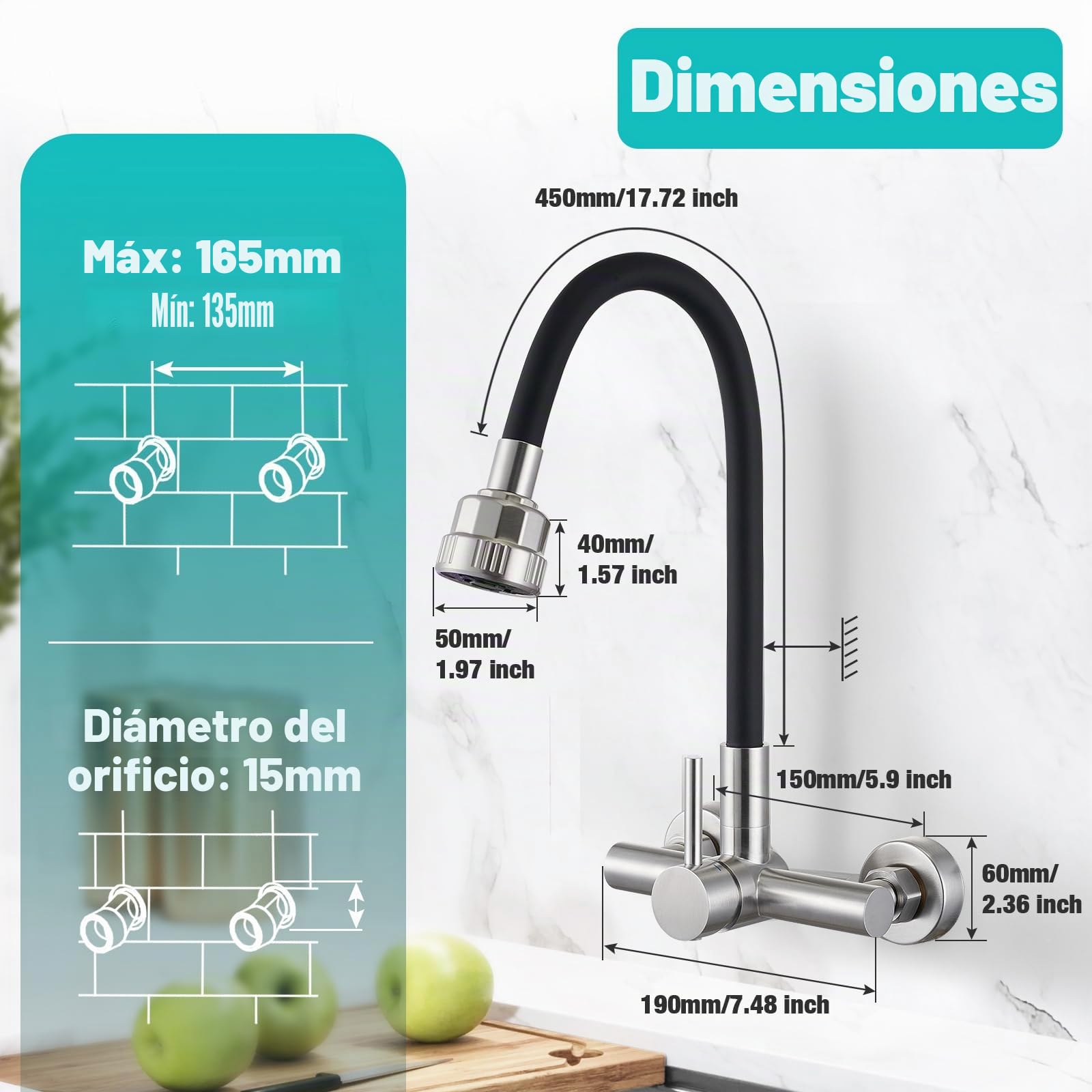 CREA Grifo Cocina Pared Mezclador Monomando Flexible 360° con Pulverizador de Cuatro Función Palanca, Grifo para Fregadero de Cocina con Manguera de Silicona Negra, Acero Inoxidable Cepillado