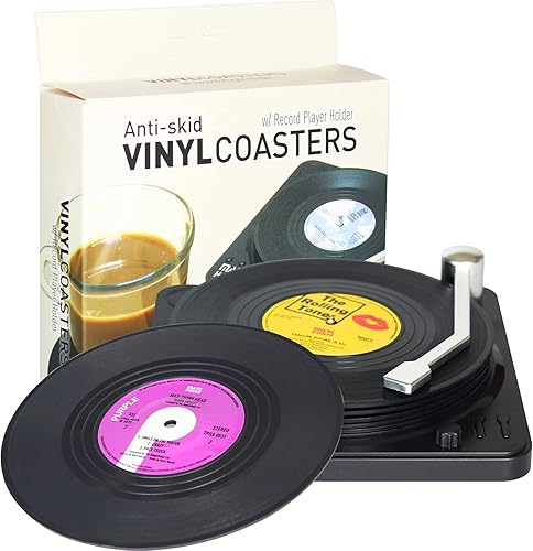 Miniatura 8 de Divertidos posavasos retro para bebidas con soporte para reproductor de vinilo para amantes de la música, juego de 6 posavasos de conversación con