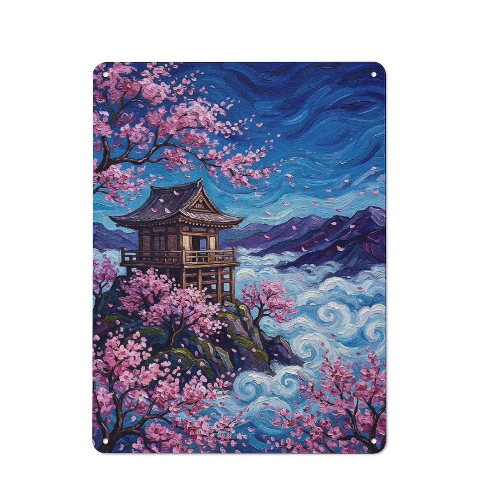 Junmoney Style-23 Tin Wall Plaque 40X30cm With Japanese Pagoda With Cherry Blossoms Painting For Guest Room Or Hallway, For Updating Guest Room And Hallway After Moving