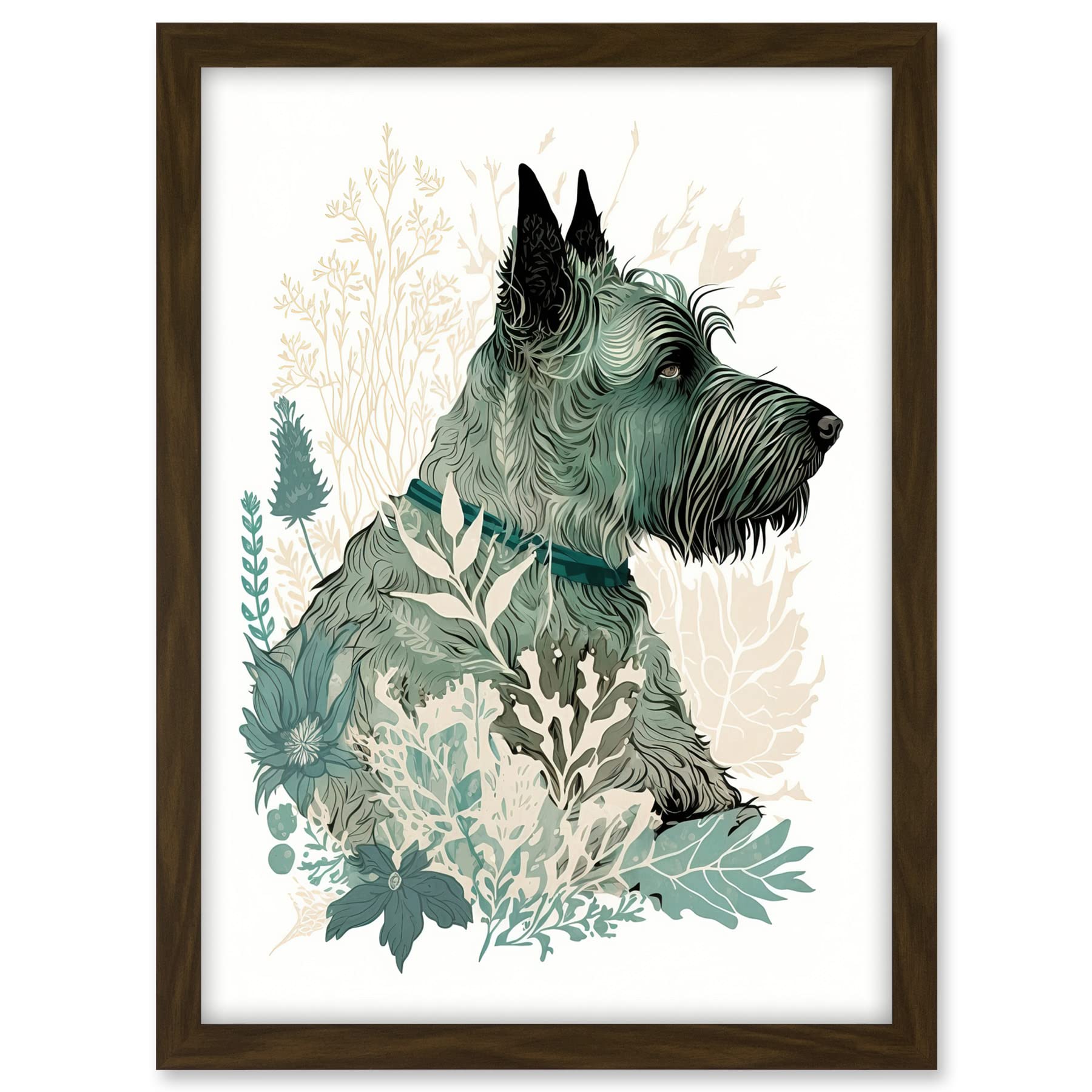 Artery8 Scottish Terrier Dog Lying in Flower Field Modern Teal Tan Illustration Artwork Framed A3 Wall Art Print