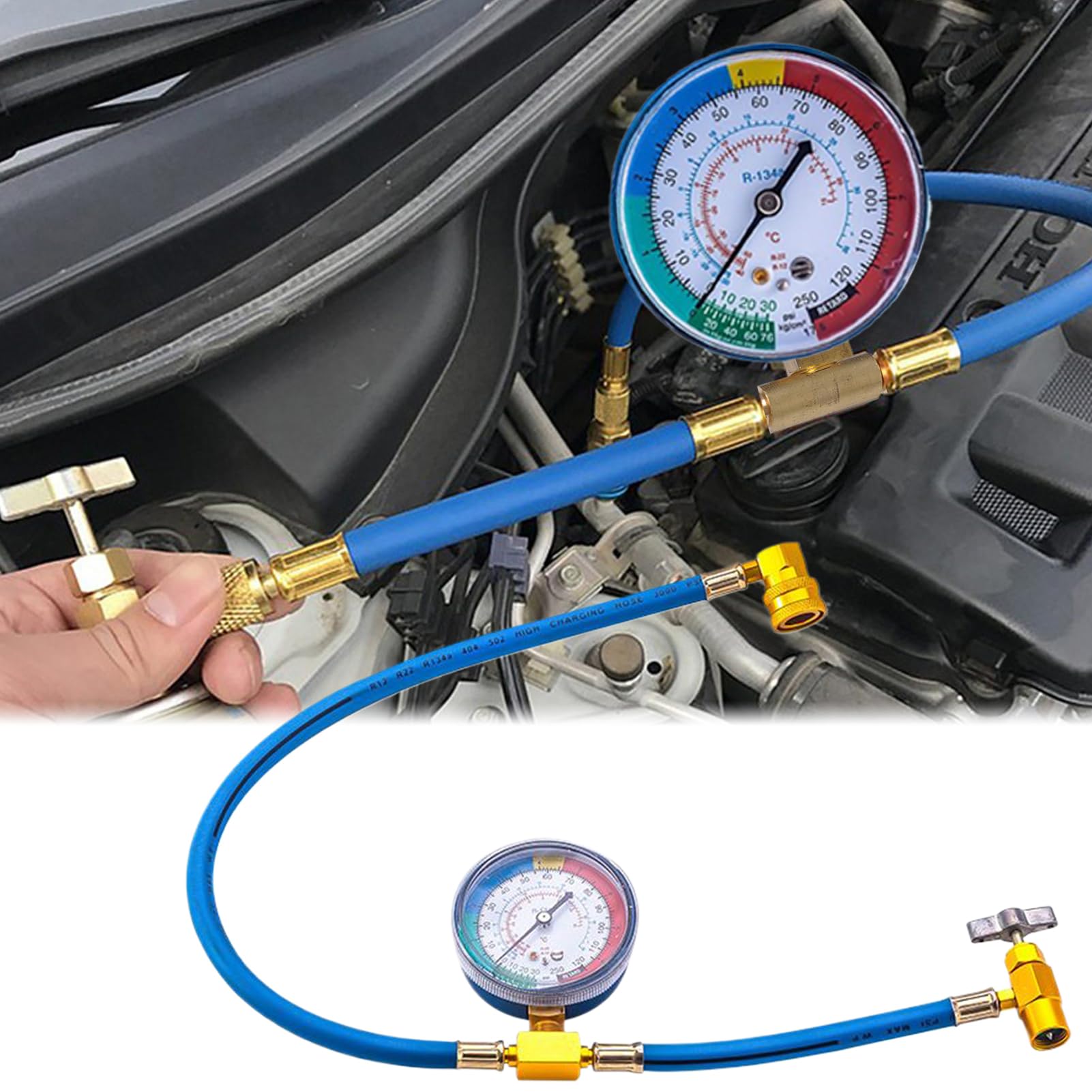 Tubo di ricarica CA con manometro, tubo refrigerante AC, con manometro, tubo refrigerante anti-riflusso, per rilevamento perdite, riparazione auto, HVAC commerciale frigorifero