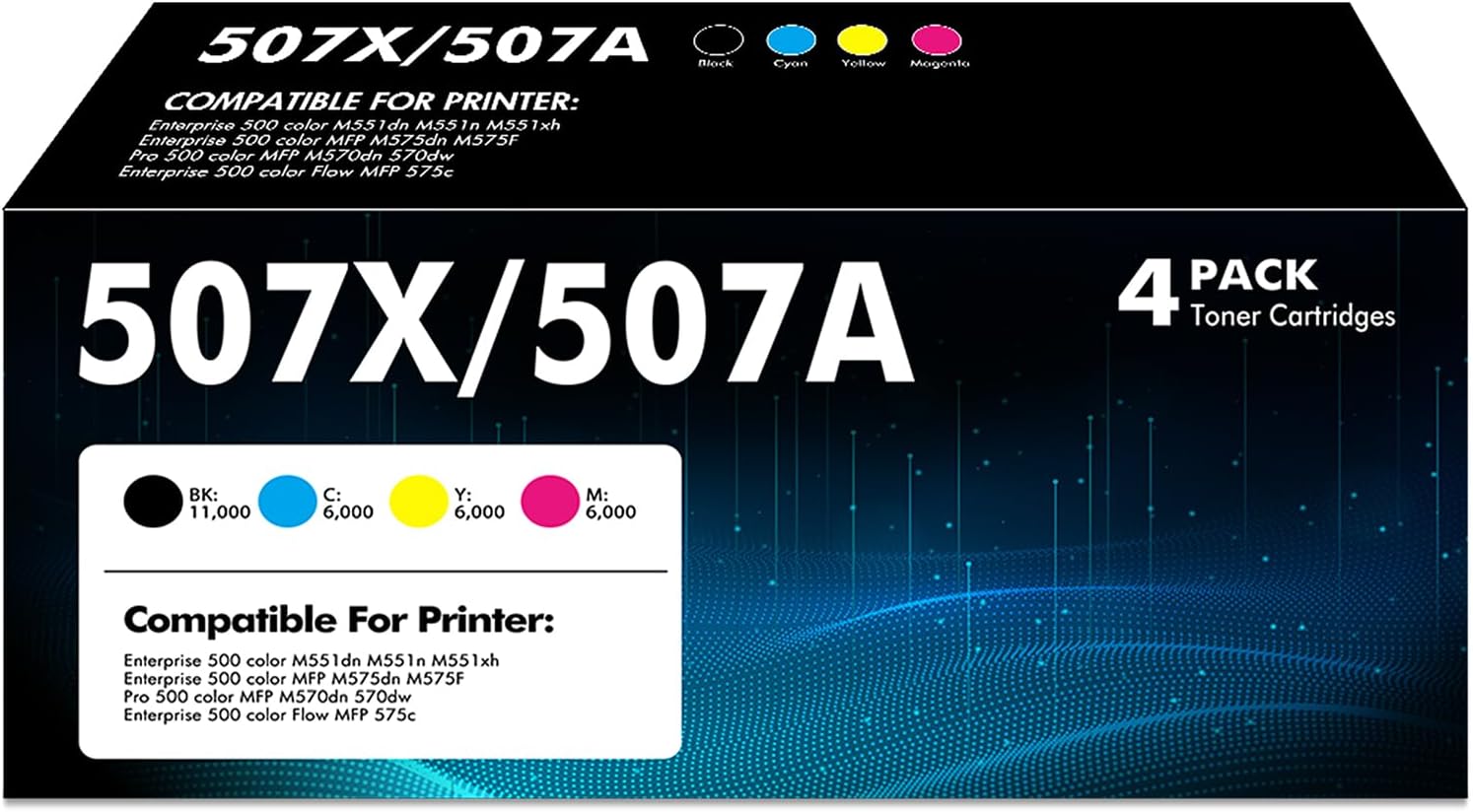 507X 507A Toner Cartridge 4-Pack Compatible for HP 507A 507X CE400X CE400A CE401A CE402A CE403A for HP LaserJet Enterprise 500 Color M551 M551n M551dn M551xh M570dn M570dw M575f Printer