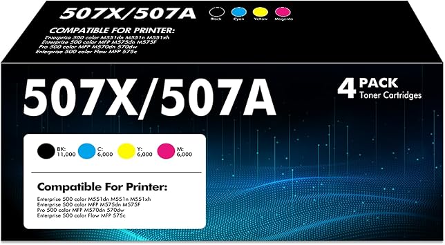 507X 507A Toner Cartridge 4-Pack Compatible for HP 507A 507X CE400X CE400A CE401A CE402A CE403A for HP LaserJet Enterprise 500 Color M551 M551n M551dn M551xh M570dn M570dw M575f Printer