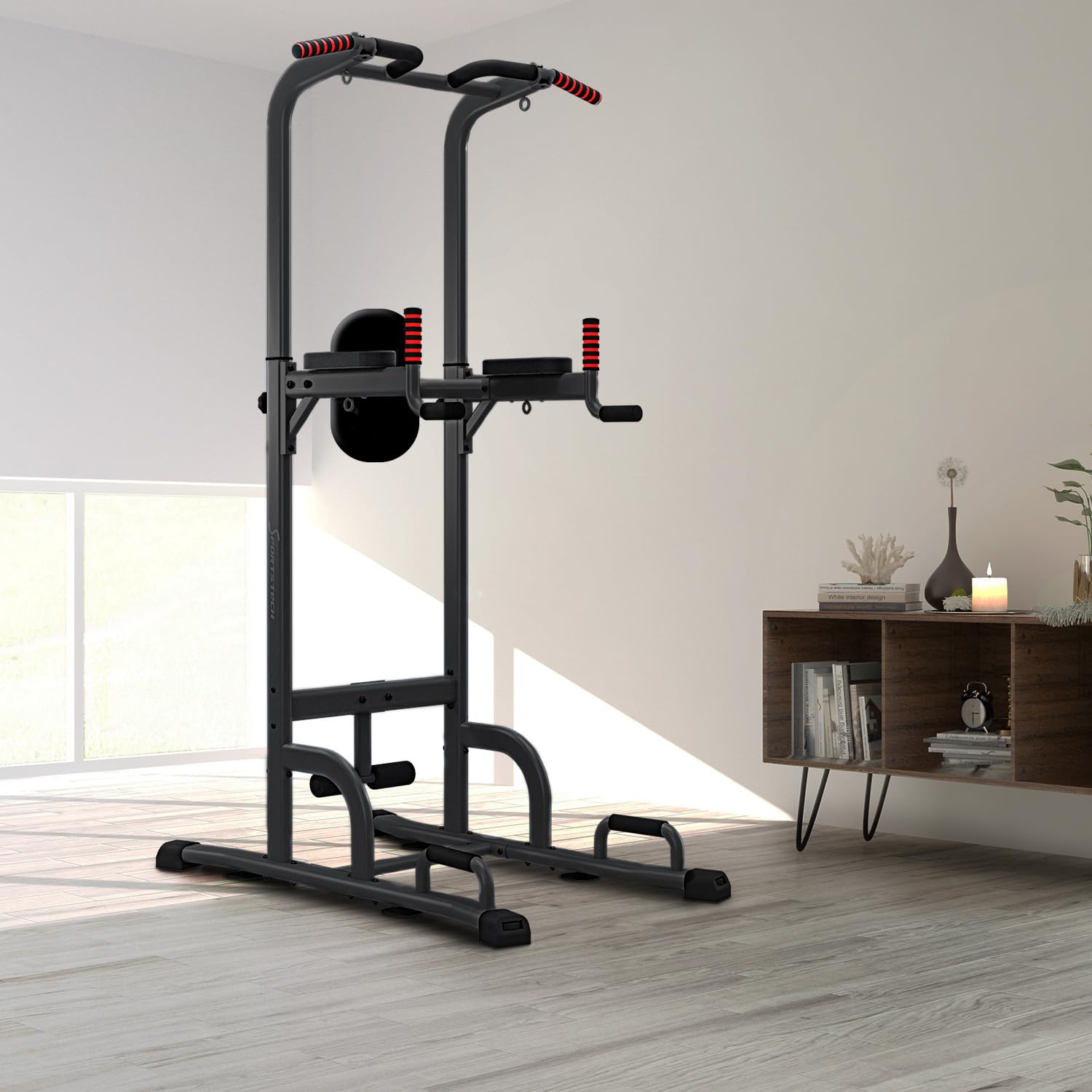 Sportstech Power Tower PT300 | Stazione di allenamento multifunzionale 7 in 1 | Torre per bodybuilding per trazioni e dip | Impugnature per flessioni + Anelli per corde di resistenza e sospensione