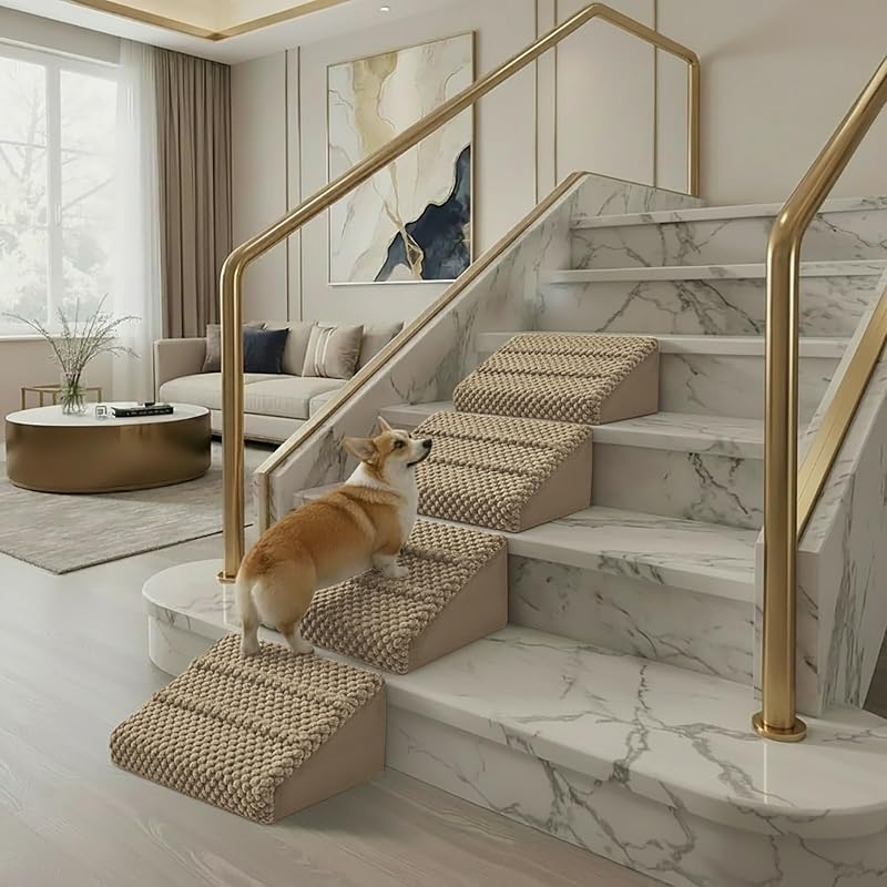 Rampa para Cães e Gatos em Espuma com Revestimento de Veludo Cotelê Antiderrapante, Khaki, Pacote com 4