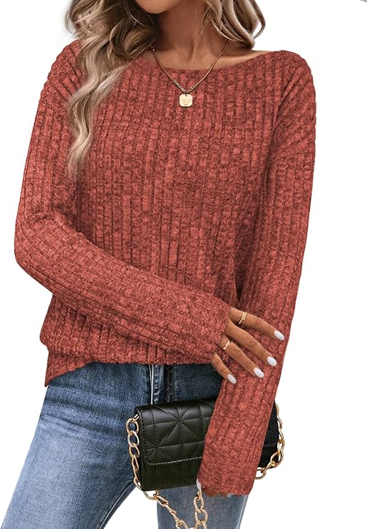 Womens Sweaters Long Sleeve Boat Neck Shirt for Winter Drop Shoulder Lightweight Sweaters for Women Tops Dressy Casual Trendy