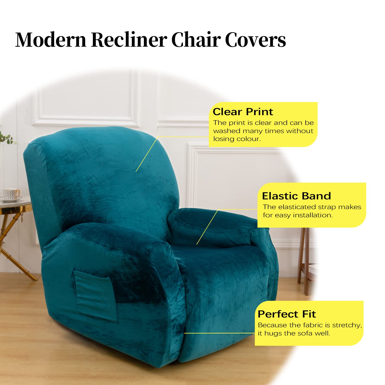 FIGOOO Copripoltrona Relax Reclinabile Copripoltrona 1 Posto Elasticizzato Relax Universale Elettrica con Tasche 4-Pezzi Fodere per Poltrona Rimovibile Coprisedile Chivas,Velluto#Flangia Verde