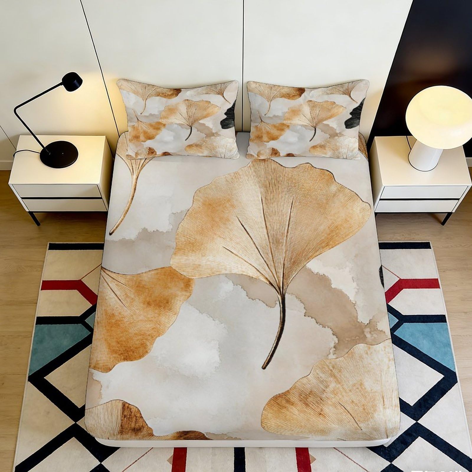 3D Printed Ginkgo Leaf Fitted Sheet Microfiber Deep Pocket Bedding Set Ginkgo Leaf Mattress Fitted Cover Non-Slip Elastic Hem 90x200x25cm