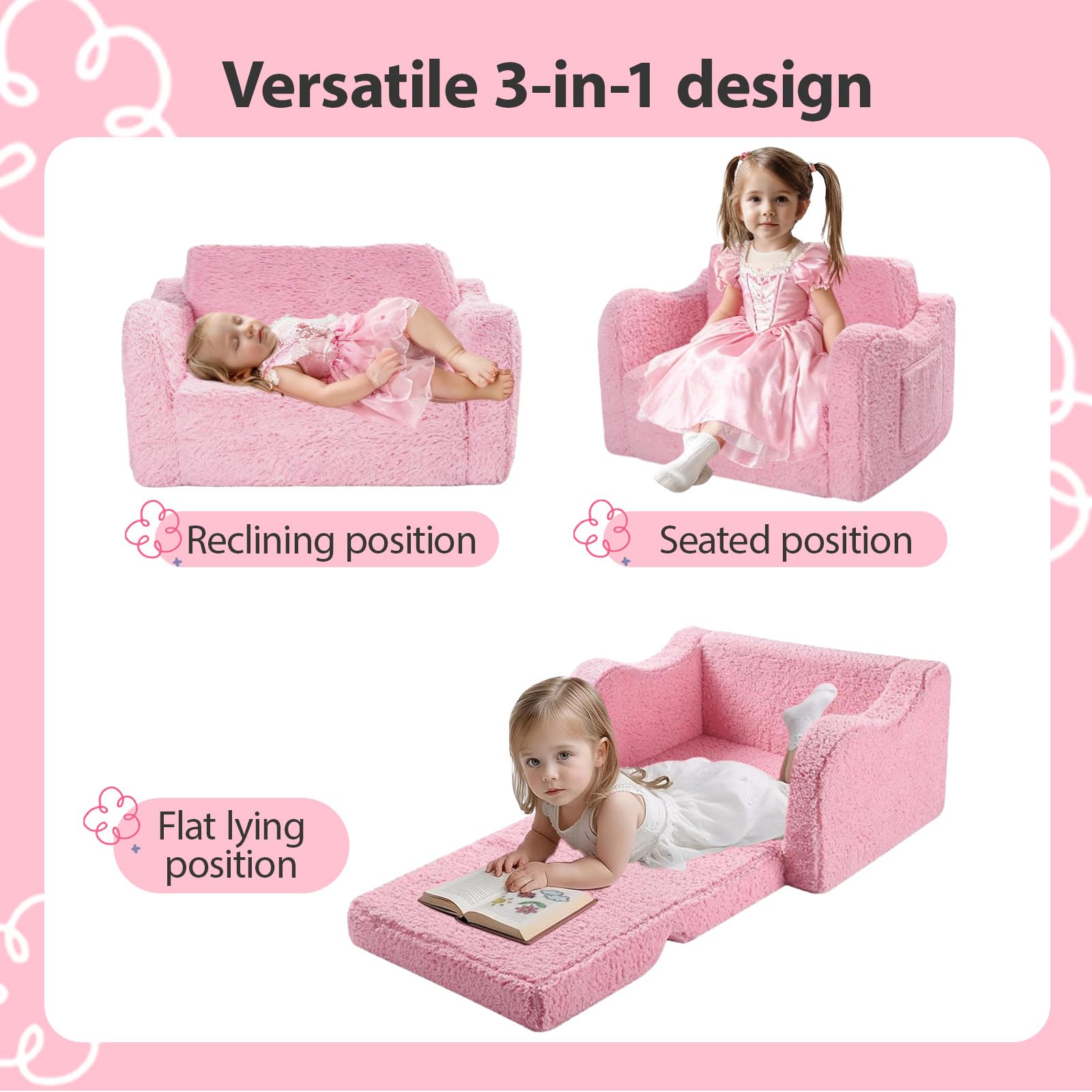 Canape Enfant 2-en-1, Canapé Convertible Enfant, Canapés pour Enfants avec Housse Amovible pour Filles et Garçons