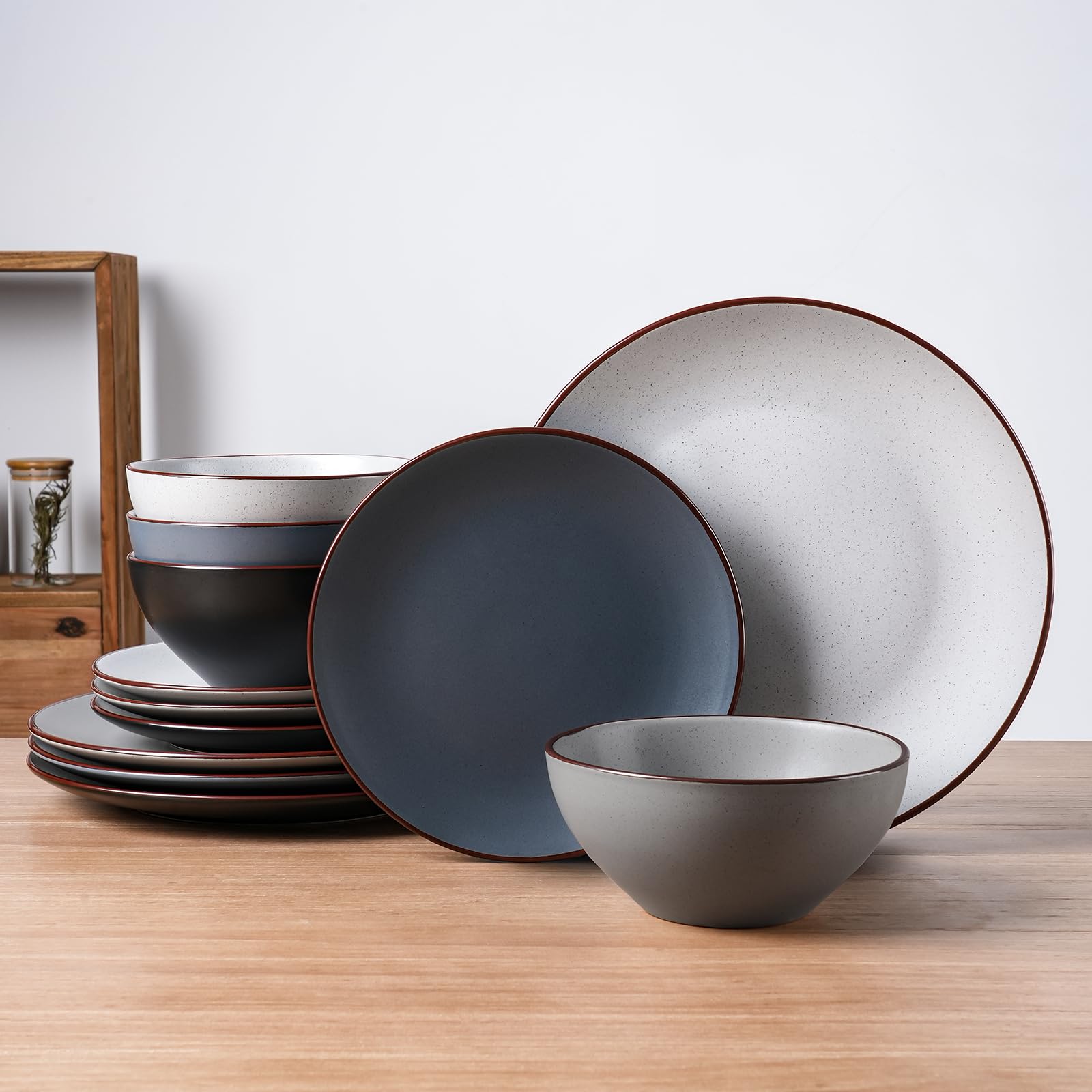 Famiware Venus Plates and Bowls Sets 12 Pieces Stoneware Speckled Dinnerware Sets Dishes Set for 4 Microwave and