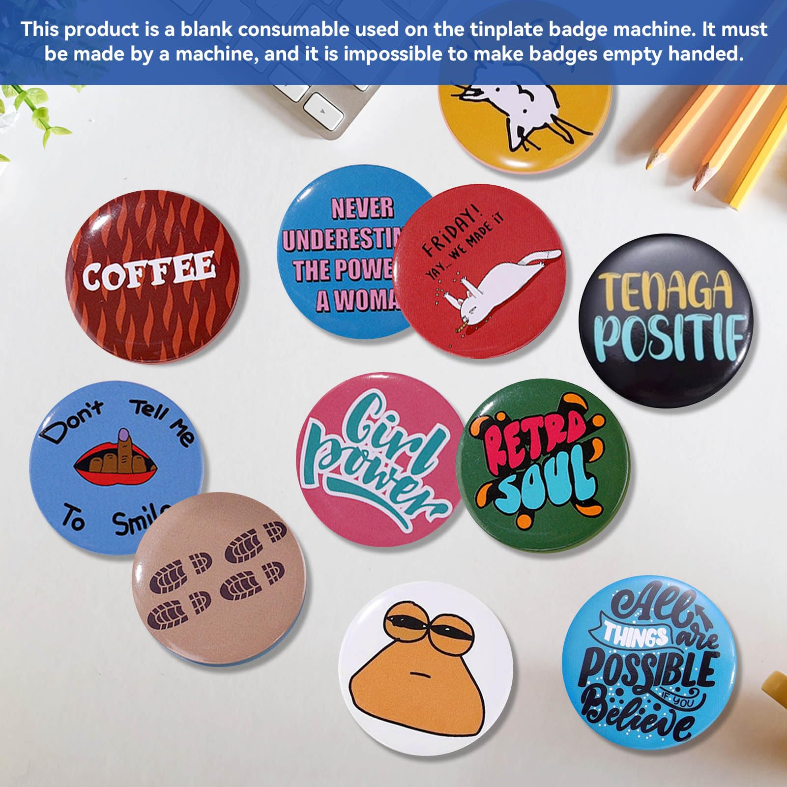 Lot de 100 badges vierges, broches de bouton de badge en métal, broches de bouton vierges, grand kit de badges à épingles pour fournitures d'artisanat