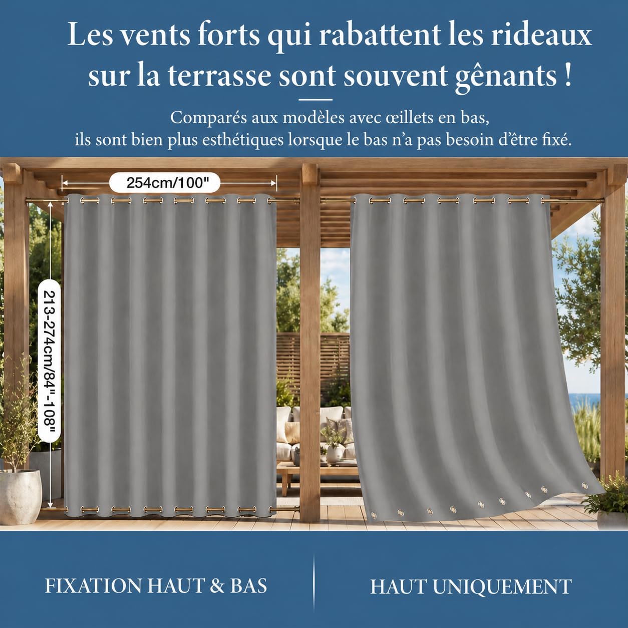 Rosnek Outdoor Vorhang Wetterfest mit Obere Ösen,2 Stück Gewichtet Outdoorvorhänge 213x254cm Outdoor Vorhänge Wasserdicht Außenvorhang,Winddicht Balkon Gardinen für Terrasse,Pergola,Pavillon