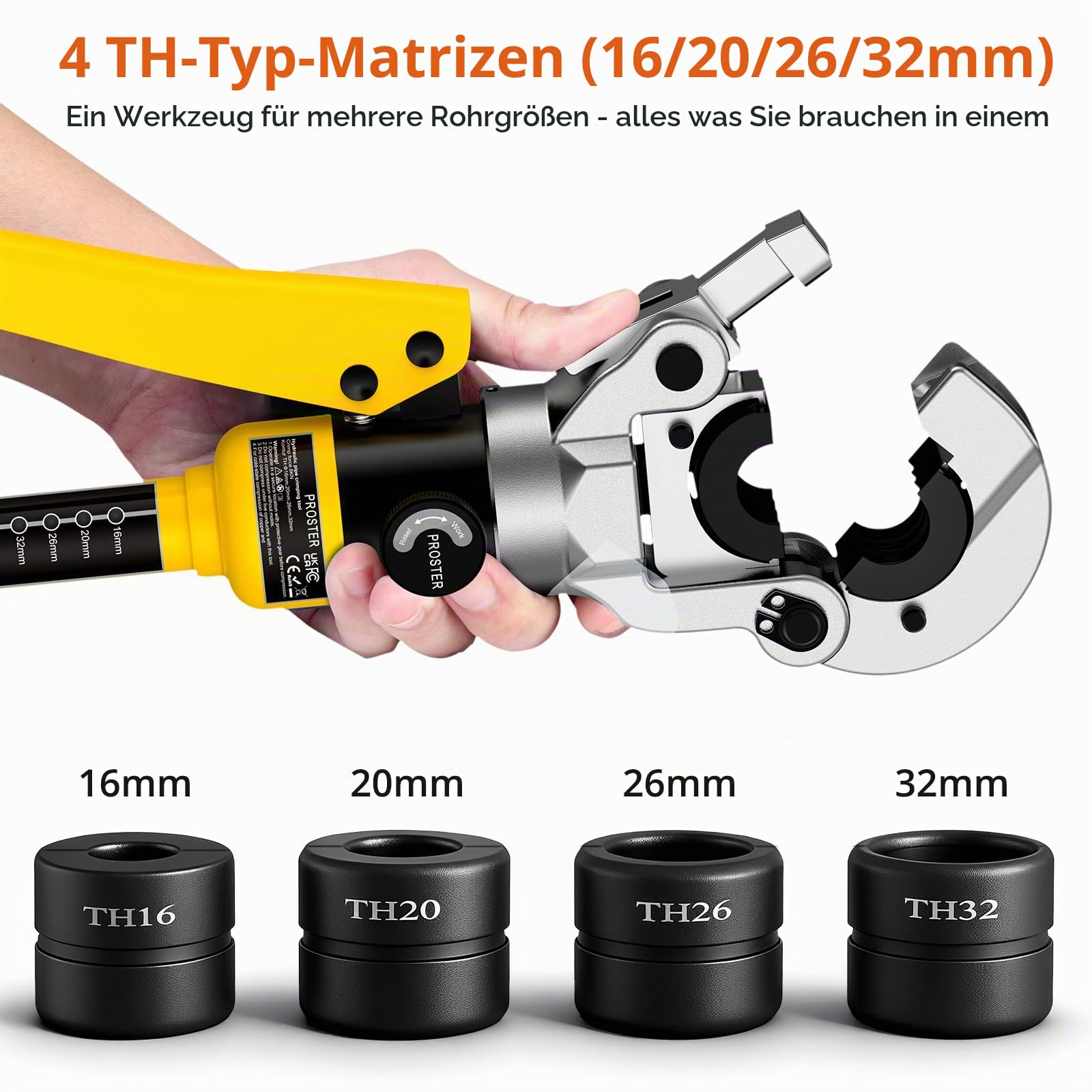 Proster Hydraulische Crimpzange 8-Tonnen Presszange TH16 TH20 TH26 TH32 Rohrschneider Gratfräser mit Dichtungsringe & stabiler Kunststoffbox für Rohrverbindung, Alu-Kunststoff-Rohre