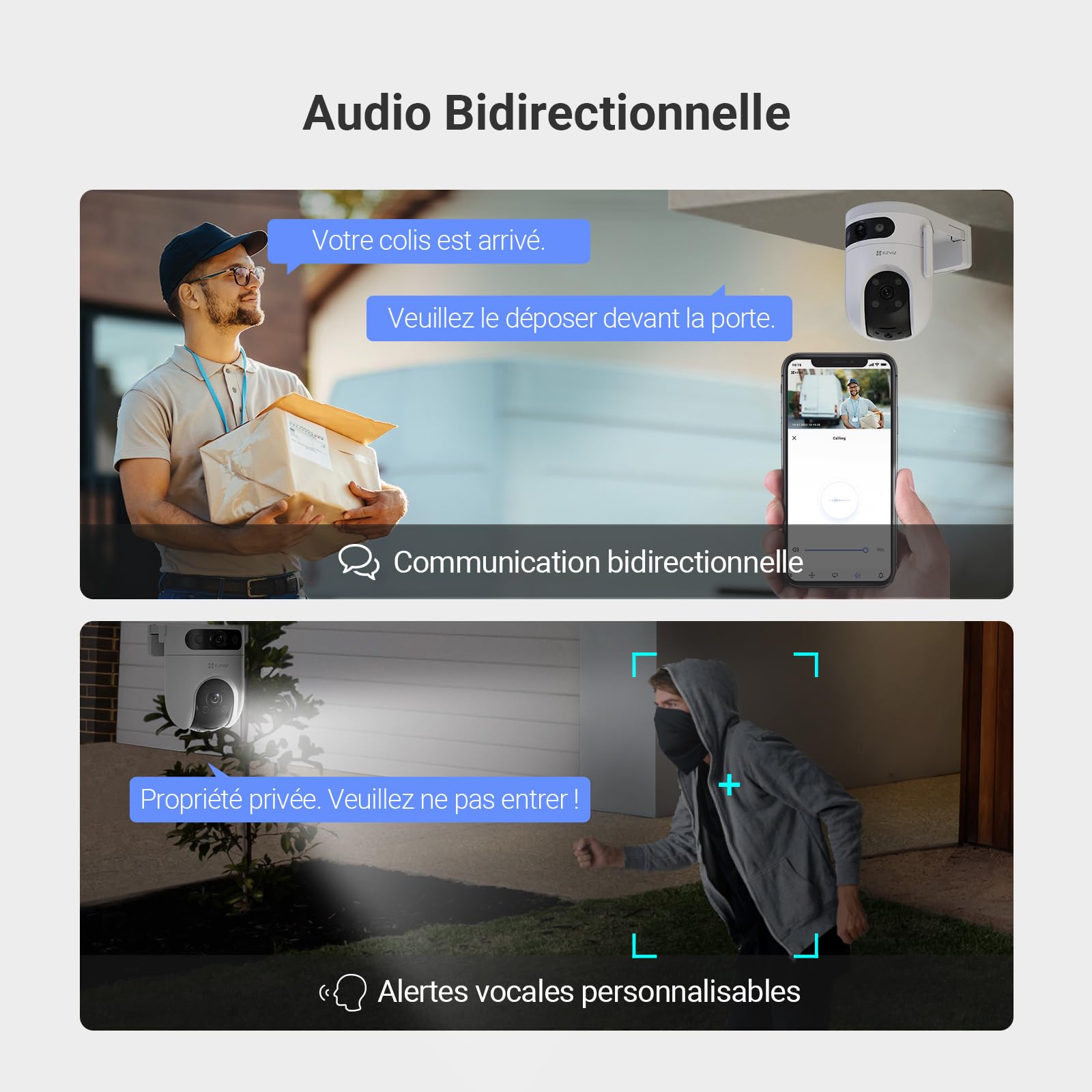 EZVIZ H9C 5MP+5MP(3K+3K) 4G LTE Caméra Surveillance WiFi Extérieure à Double Objectif, 360° PTZ Camera, Suivi Auto, Détection de Forme Humaine/Véhicule,Défense Active,Vision Nocturne Couleur 40M