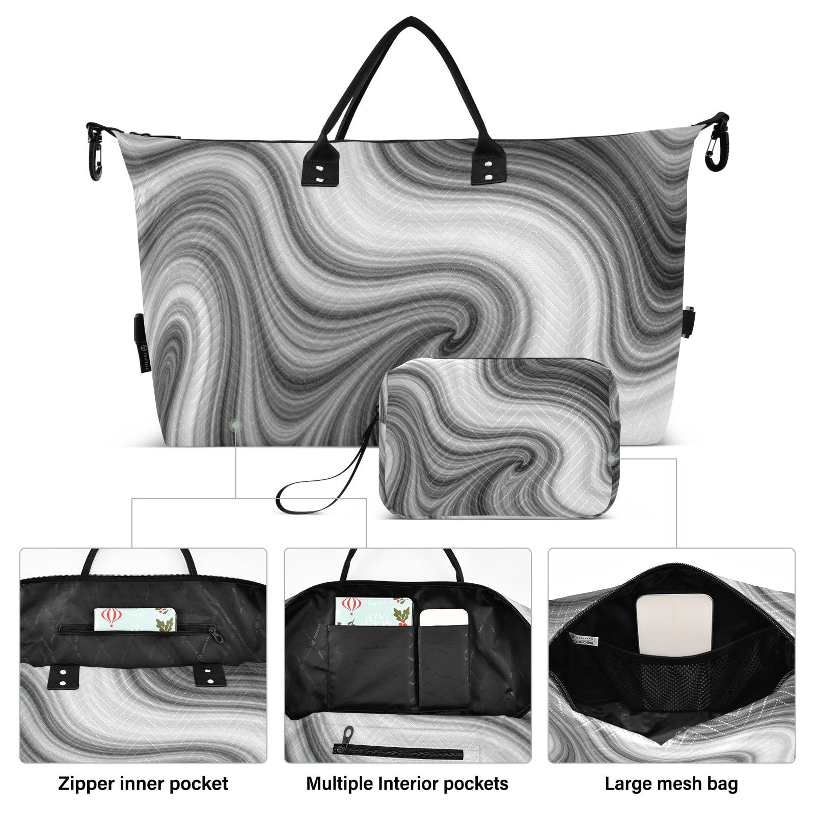 Handgepäck-Set, Doppeltaschen-Set, voller Druck, mehrere Taschen, praktisch, Urlaub, Reisen, Silberner Marmor, One Size, Klassisch