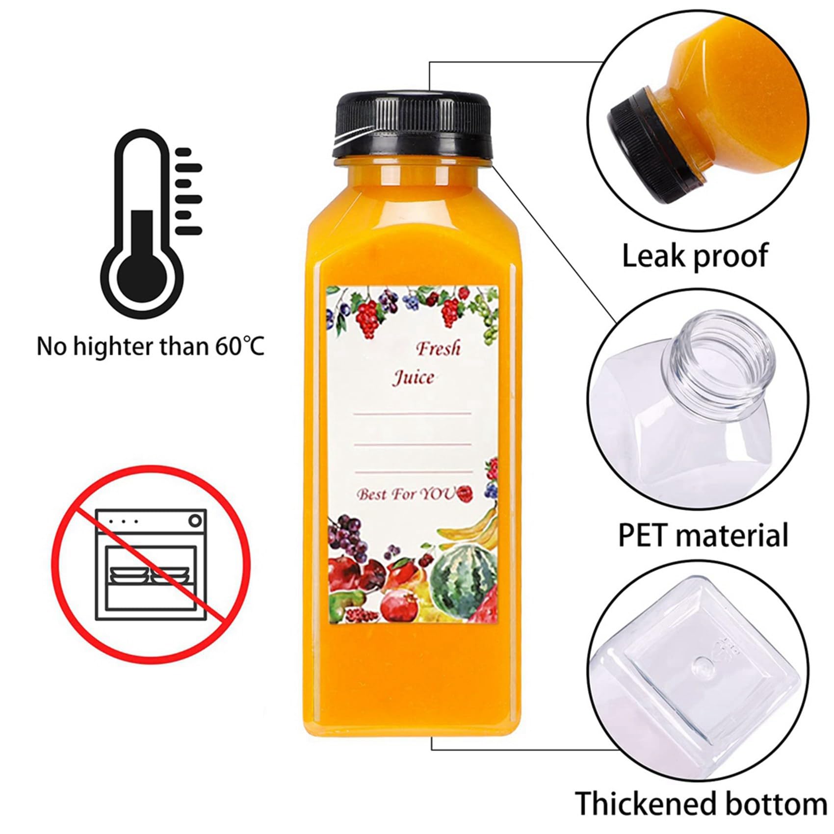 40 Bottiglie di Succo di Plastica Vuote da 12 Once con Tappi, Bottiglie d'Acqua Riutilizzabili, Contenitori Trasparenti con Coperchi Neri Antimanomissione