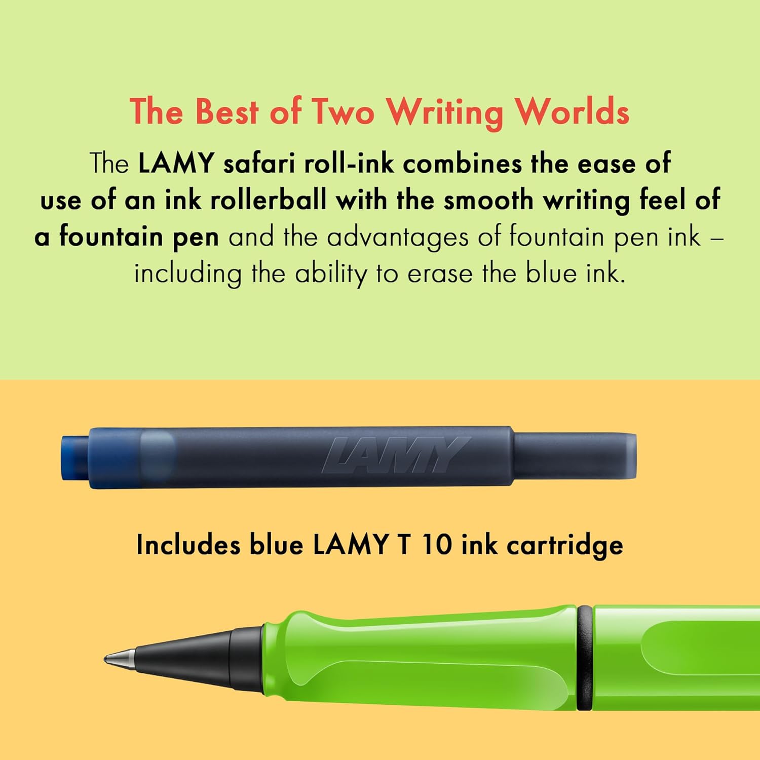 LAMY safari roll-ink green - Ink Cartridge Rollerball Pen with ergonomic grip & line width M - for pleasant long writing - made of robust ASA plastic - including LAMY T10 blue cartridge
