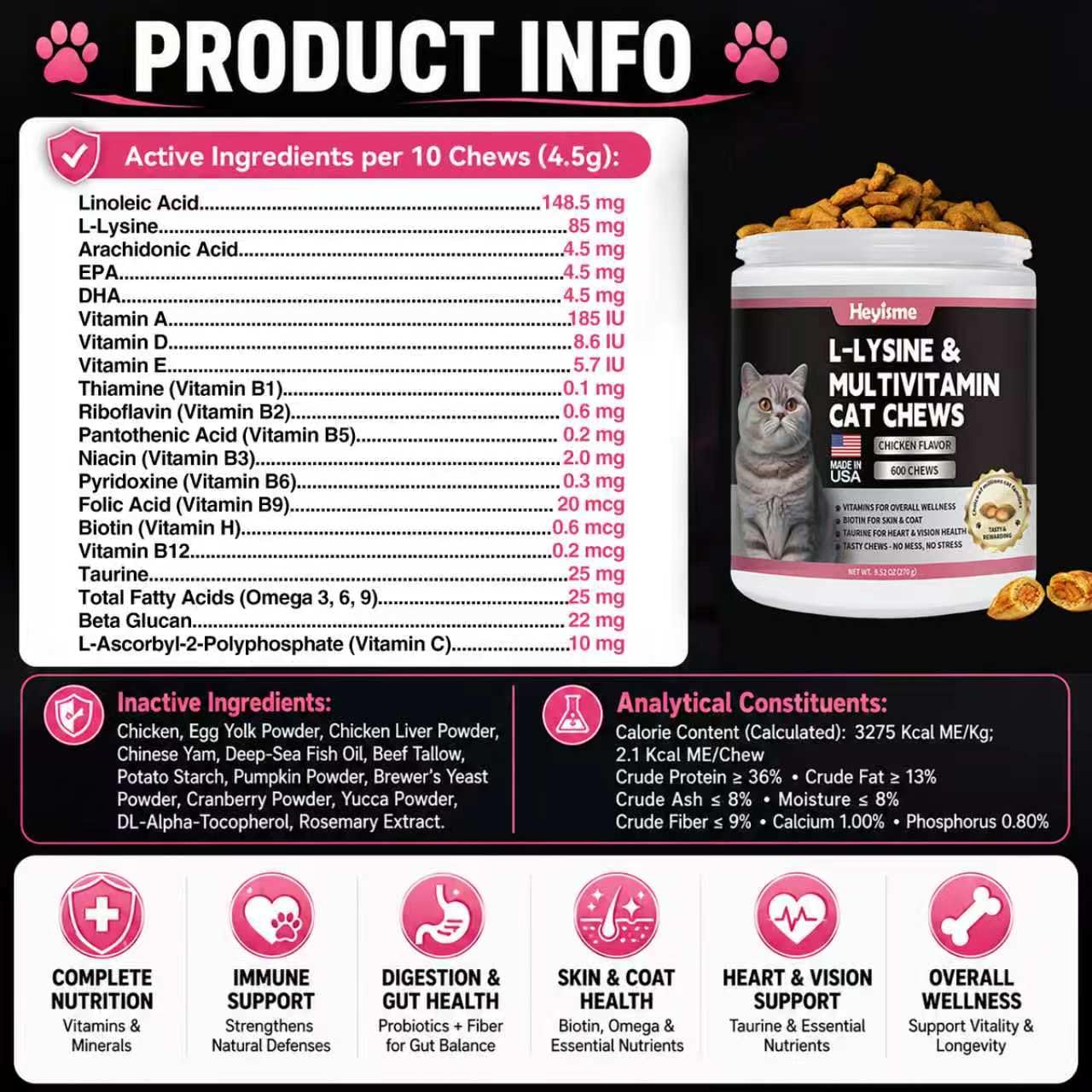 L-Lysine for Cats, 600 Chews Cat Immune Support, Cat Multivitamin — Amazon image 8