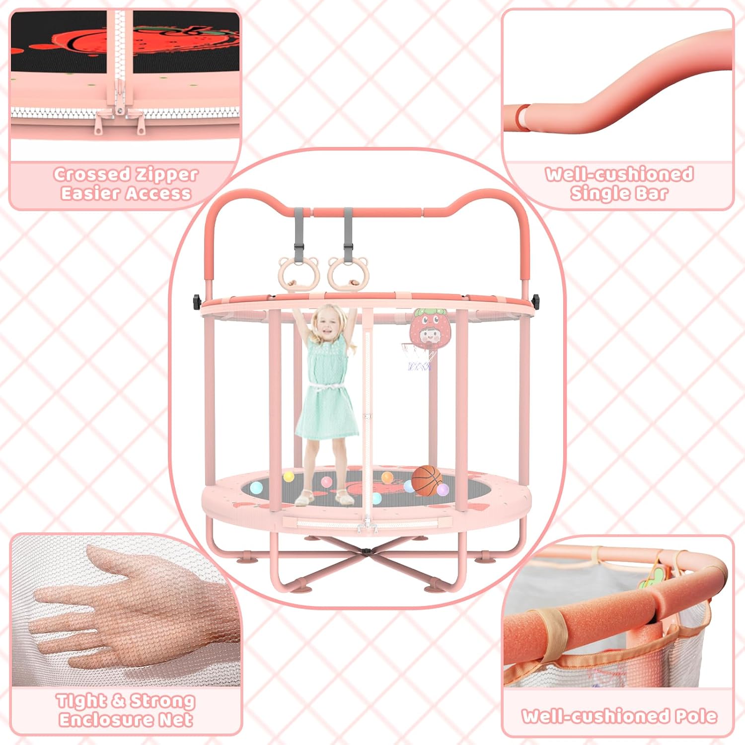 Gardenature 60" Kids Trampoline Indoor, 5ft Toddler Mini Trampoline with Basketball Hoop, Gymnastics Bar, Rings, Christmas Toys Birthday Gifts for Girls Boys Age 3-8, Pink - Image 4