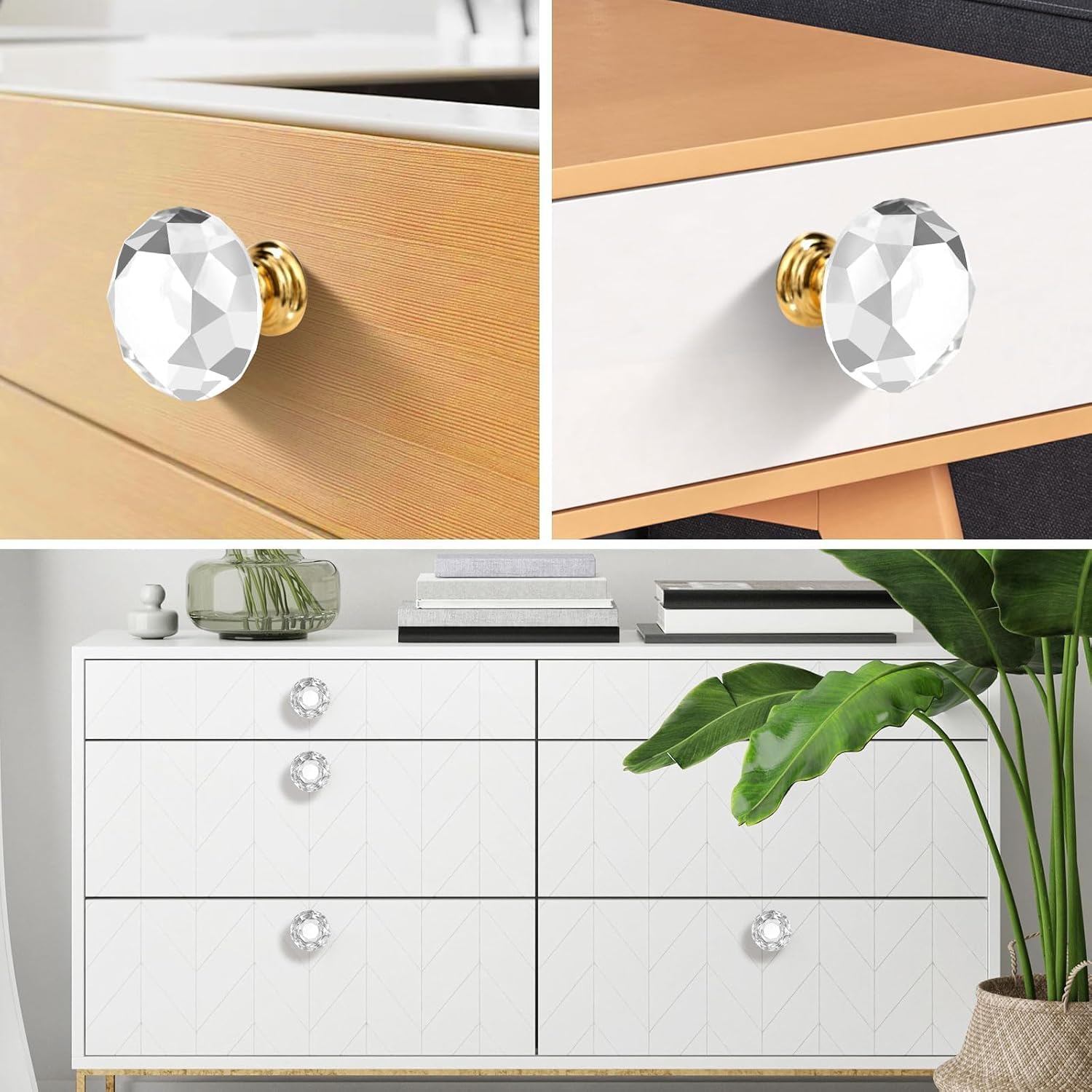 6pcs 30mm Crystal Glass Knobs Diamond Shaped Cabinet Knob with Gold Base for Dresser in Bathroom, Kitchen, Office ect.