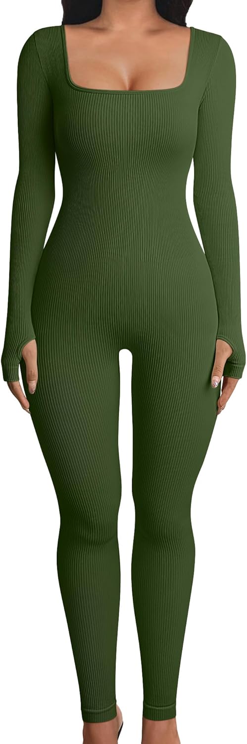 OQQ Women Long Sleeve Yoga Jumpsuits Workout Ribbed Bodysuits Pants Sexy One Piece