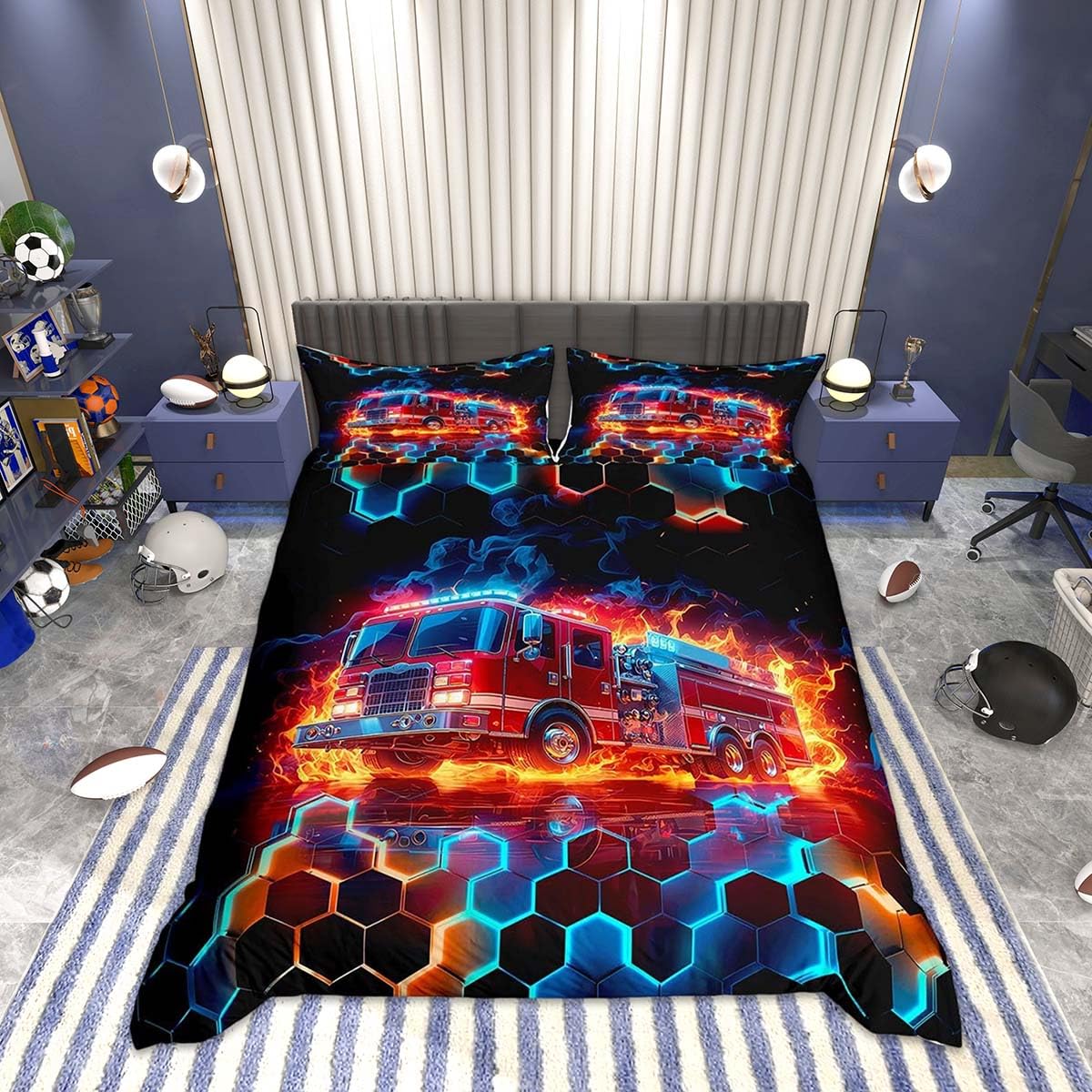 Homemissing Red Blue Honeycomb Fire Truck Duvet Cover Set Single Size For Kids Boys Girls Geometric Firemen Car Vehicle Bedding Set Cool Firefighter Duvet Cover with 1 Pillowcase Smoggy Bedding โ image 1