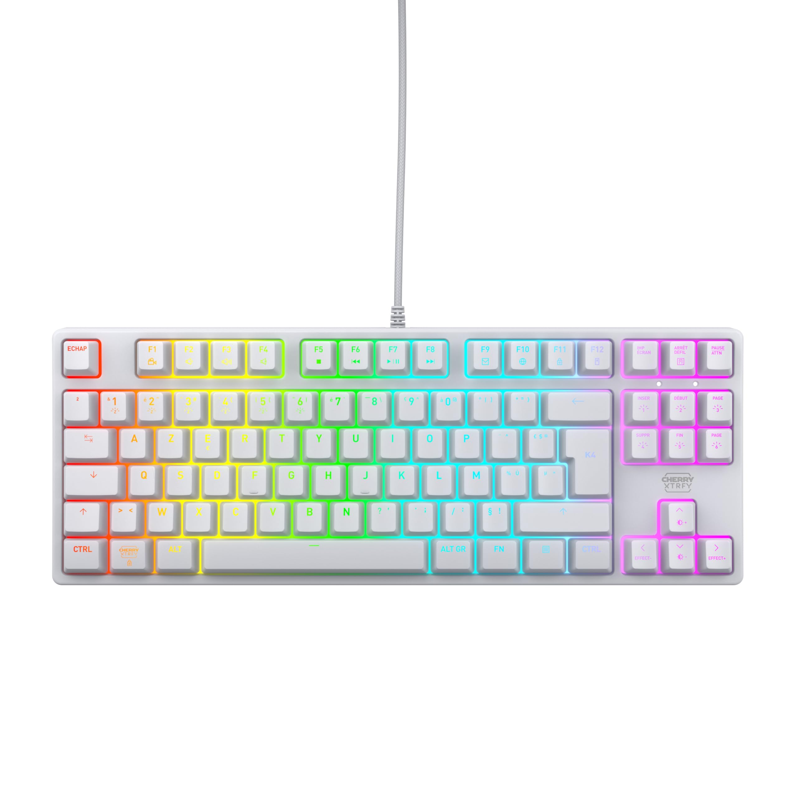 CHERRY XTRFY K4V2 TKL, Teclado Gaming con Cable sin Bloque Numérico, Disposición Francia (AZERTY), Iluminación RGB, Switches Mecánicos MX2A RED, Blanco