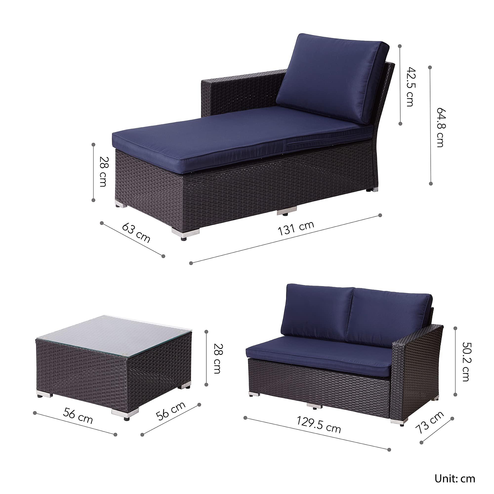 Teamson Home Terrasse Gartenmöbel, 3-Teiliges Rattan Weide Schnitt Set mit 2er-Sofa, Chaiselongue, Tisch und Kissen, Braun/Blau
