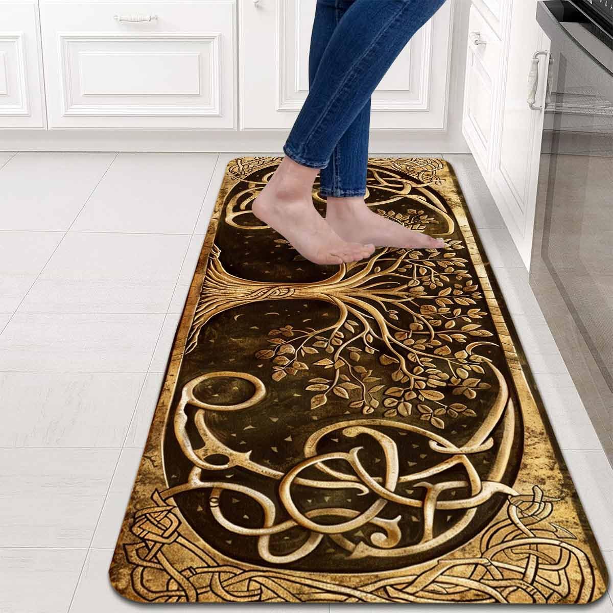 Tree of Life Kitchen Rugs Set of 2 - Non-Slip Cotton Blend Linen Floor Mats(17.7''x29.5''+17.7''x47'') - Kitchen Mats for Home Office Bedroom Bathroom Laundry (Dark Black & Golden)