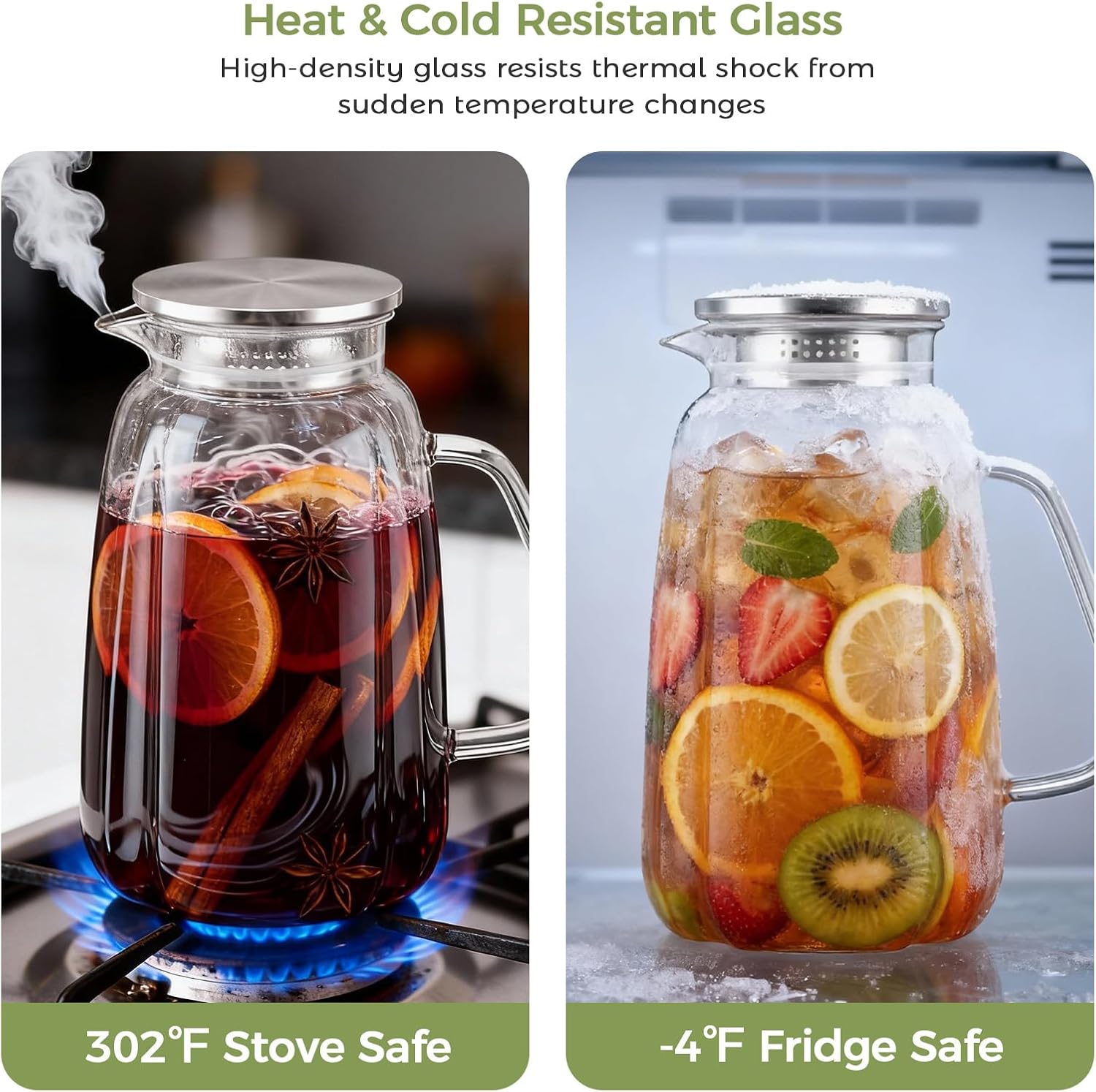 2 Pack Glass Pitcher with Lid and Handle for Fridge, Iced Tea and Coffee Carafe Beverage Serveware, 2 Liters/68 oz Heat Resistant Borosilicate Water Jug for Hot/Cold Drinks