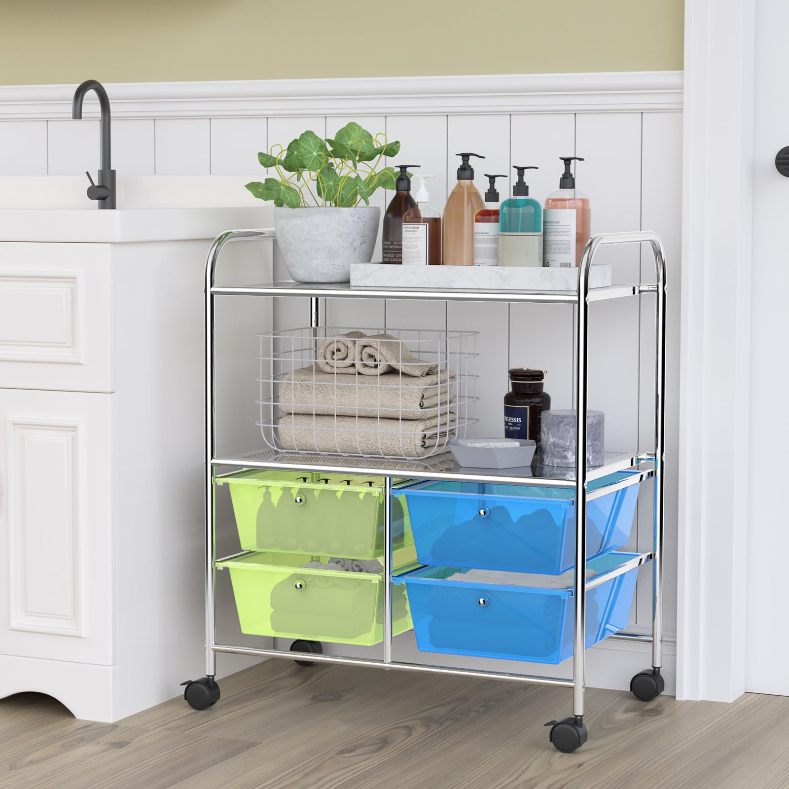 GIANTEX Carro con 4 cajones apilable, con 2 estantes y estructura de metal, carrito de baño con ruedas bloqueables, 63,5 x 37 x 75 cm